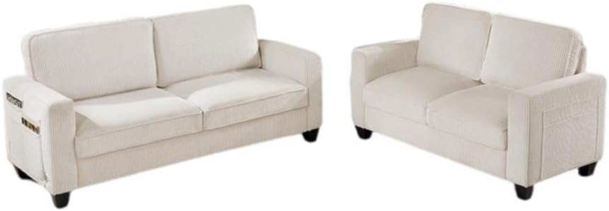BOWERY HILL Transitional Set of 2 Corduroy Fabric Beige Sofa and Loveseat with Built-in USB Charging Port and Functional Side Pockets