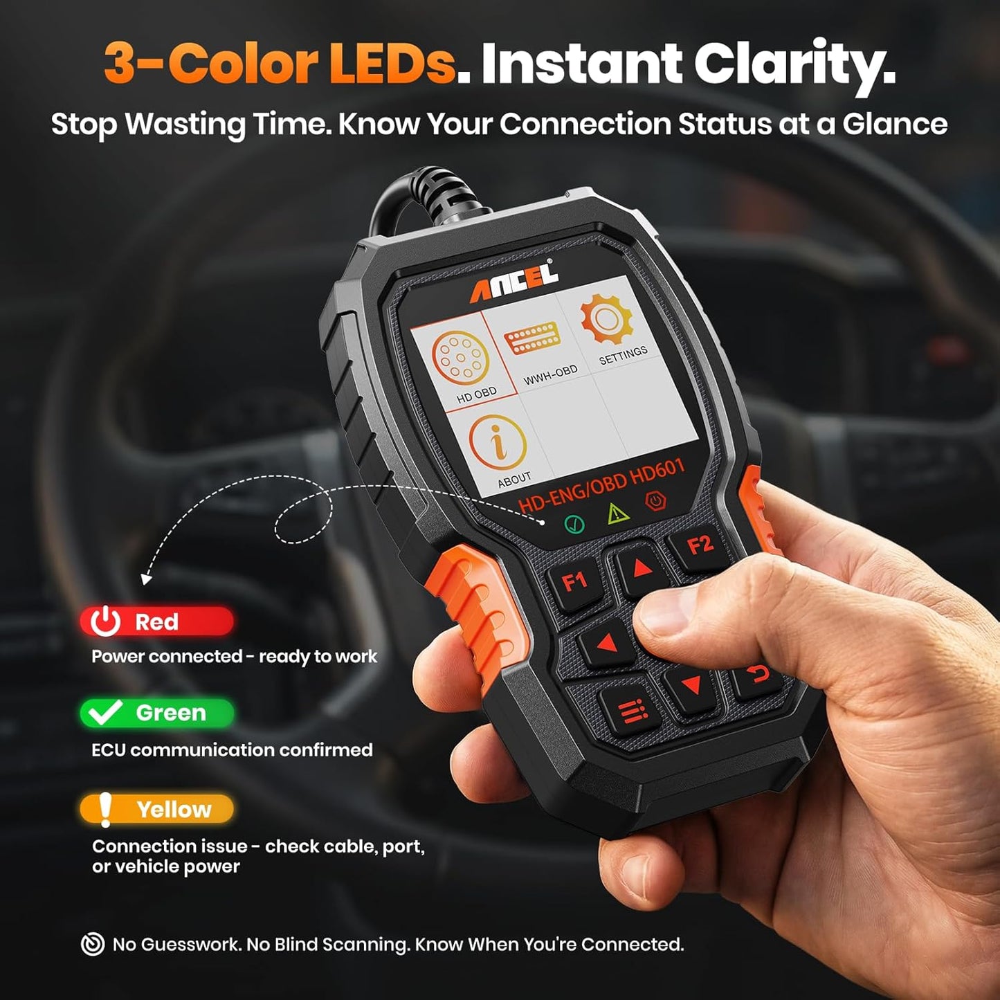 ANCEL New HD601 Heavy Duty Truck Scanner, Diesel Full System Diagnostic Scan Tool Fits for Cummins, Detroit, Volvo, Paccar & Caterpillar, 2 in 1 HDOBD & OBD2 Code Reader for Commercial Vehicles & Cars