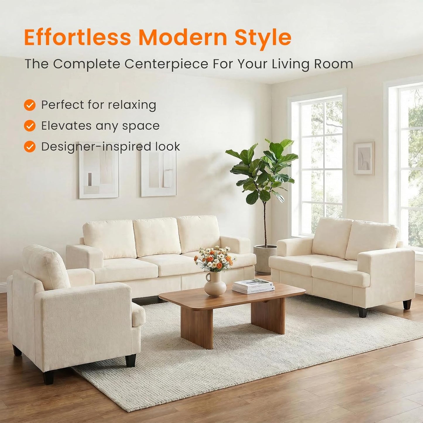 ijuicy 6 Seat Chenille Sectional Sofa Set for Living Room Furniture Set,3 PCS Modern Couch Set,82" Width 3 Seat Couch & Loveseat & Armchair with Solid Wood Legs and Thick Cushion(3+2+1Seat/Beige)