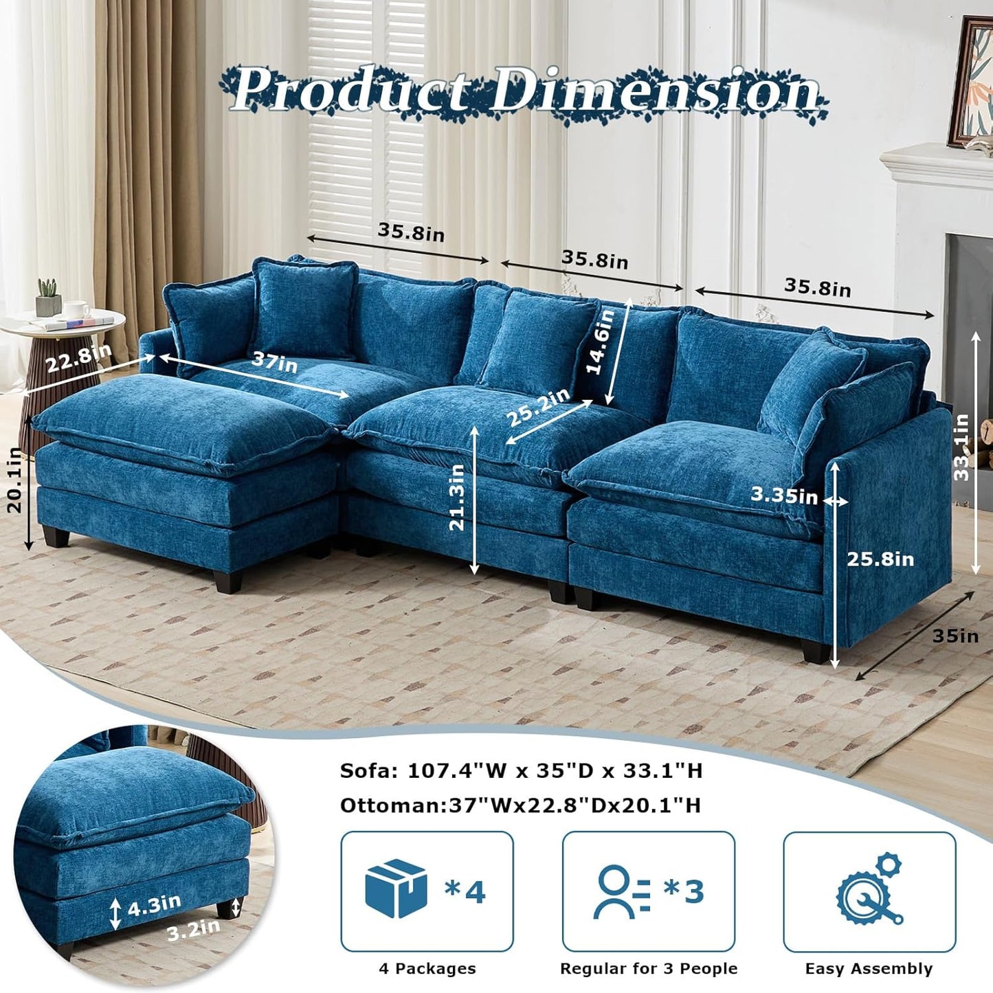 SoarFlash 113.78" Chenille Sectional Sofa, Comfy L Shaped Modular Coush Sofa with Ottoman, Modern 4 Seat Couch Deep Seat Sofa Set for Living Room,Blue
