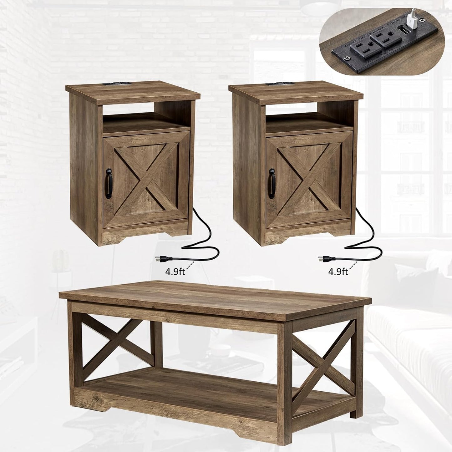 AMERLIFE 3-Piece Farmhouse Table Set Includes Coffee Table& Two End Tables, Side Table with Charging Station and USB Ports, for Living Room, Barnwood
