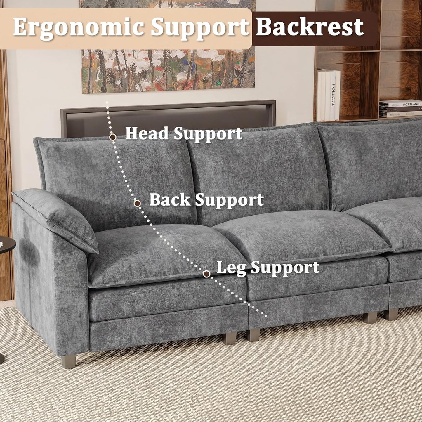 JUMMICO 118.9" Modular Sectional Cloud Couch 3-Seat Sofa Set with Movable Ottoman, L Shaped Sofa Couch with Deep Seat, Chenille Couches for Living Room (Light Grey-4, L Shaped Sofa)