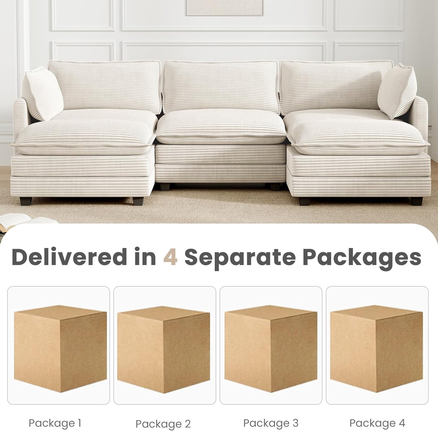 112'' Sectional Modular Cloud Couch, Oversized 5 Seat Couches U Shaped Sofa with 2 Movable Ottomans, 2 Throw Pillows, Upholstered Corduroy U Shape Comfy Deep Couches for Living Room and Office, Beige