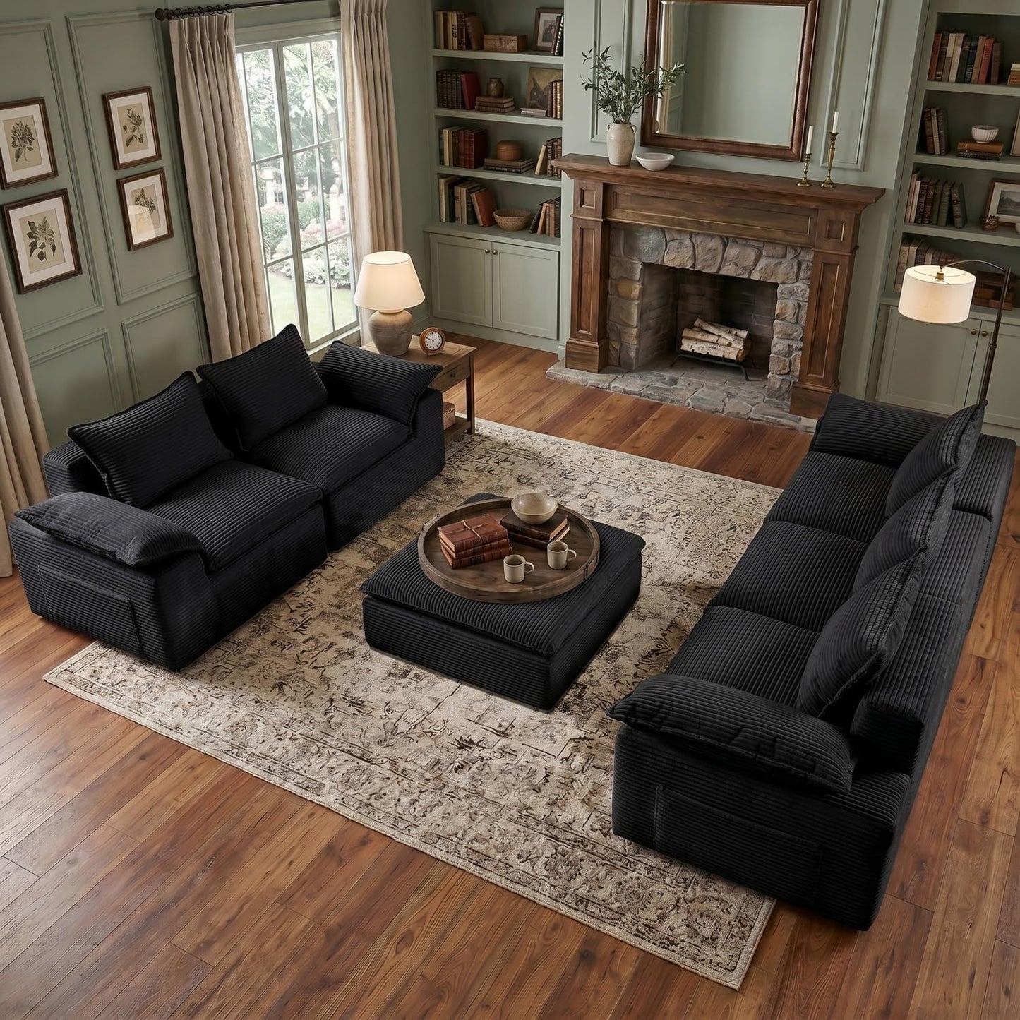 2 Pieces Cloud Sectional Couch Sets, Convertible Modular Sofa with Deep Seat, 104" L-Shaped Boneless Couches and 76" Loveseat Set for Living Room. Black