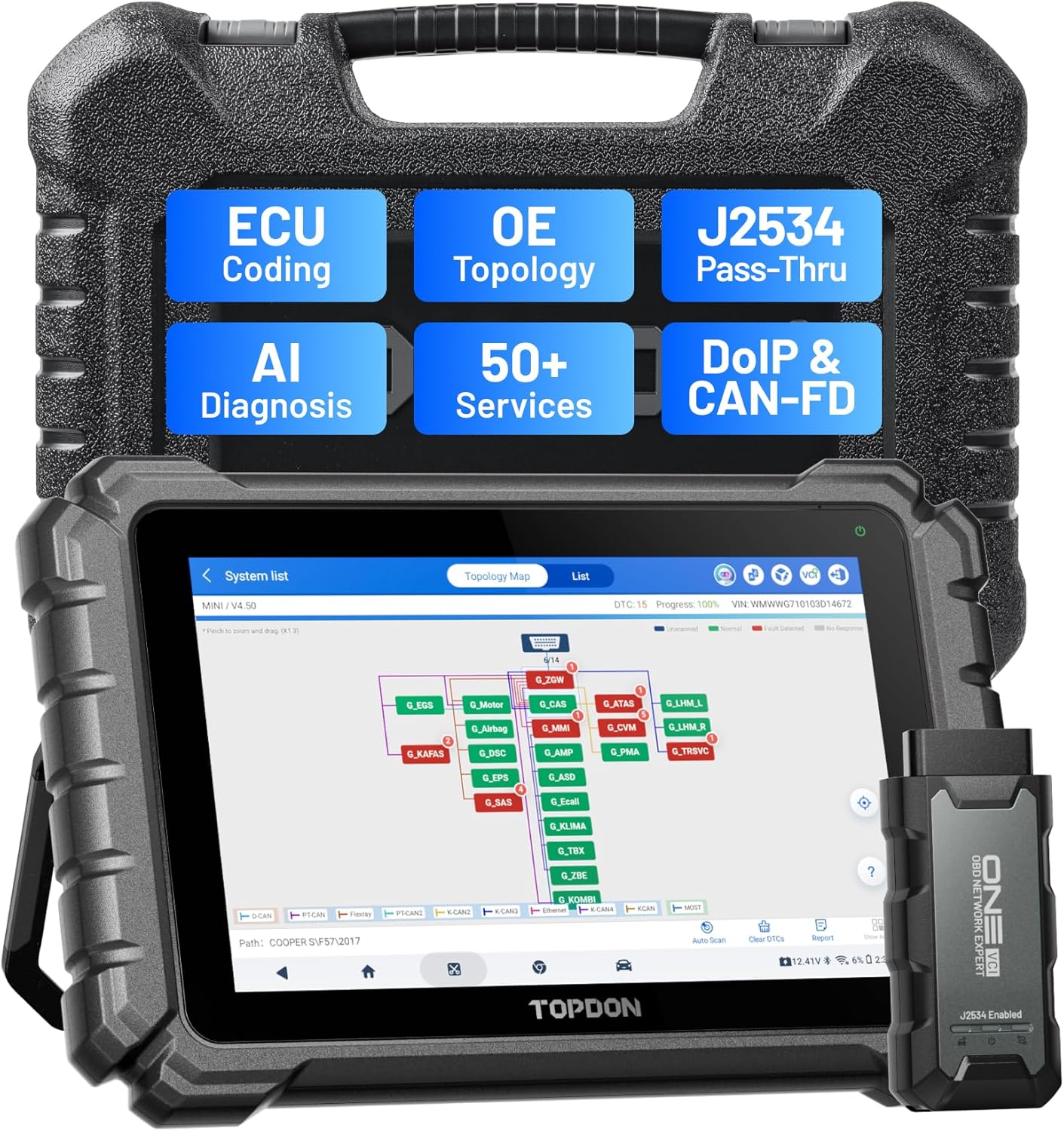 TOPDON ONE Bidirectional Scan Tool, 10.1" OBD2 Scanner with J2534 Pass-Thru, Over 50 Resets, ECU Coding (for BMW Benz VW), Topology Mapping Car Diagnostic Tool, Support CAN-FD DoIP