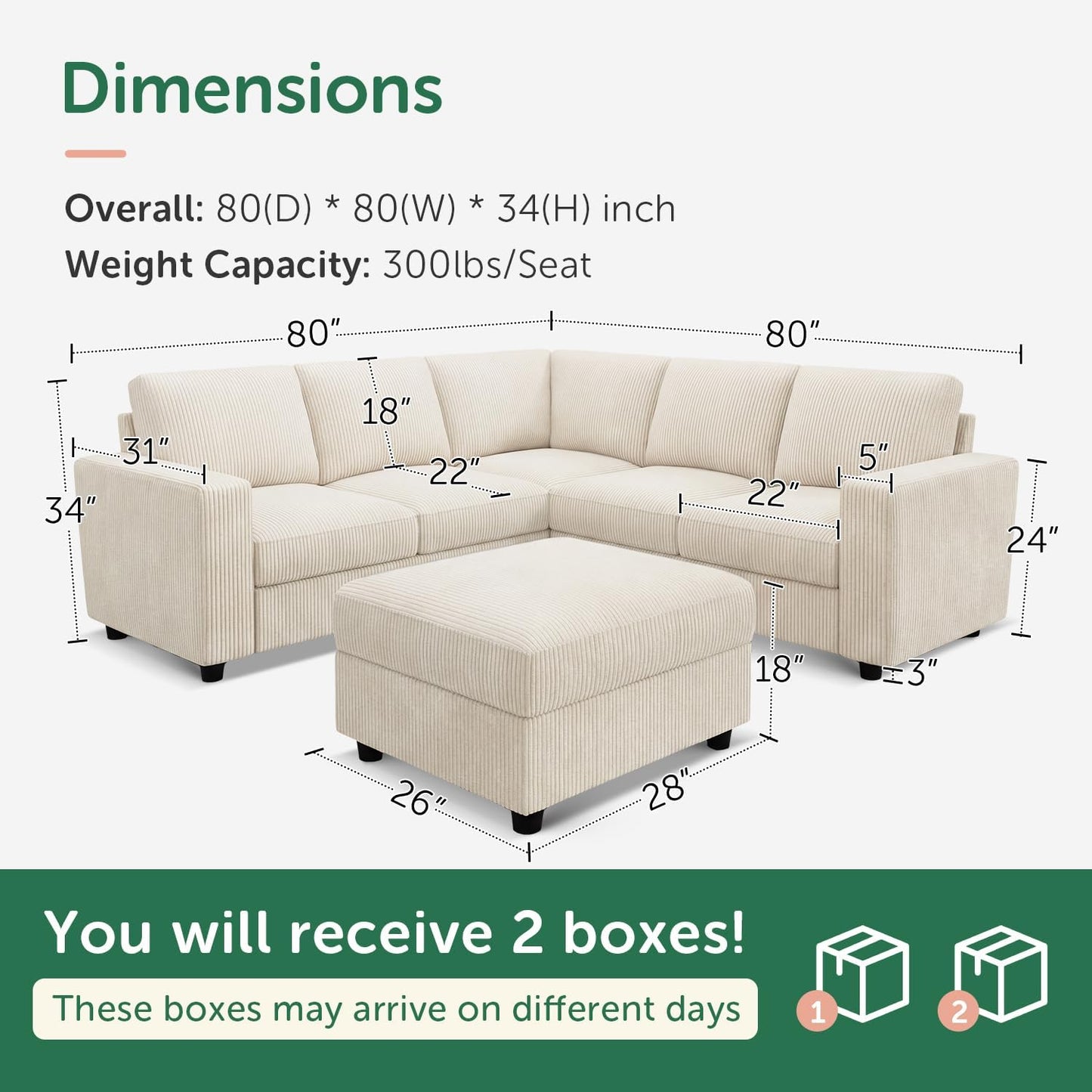 HONBAY Corduroy Sectional Couch with Storage L-Shaped Sectional Couches for Living Room 6 Seater Sectional Sofa, Beige