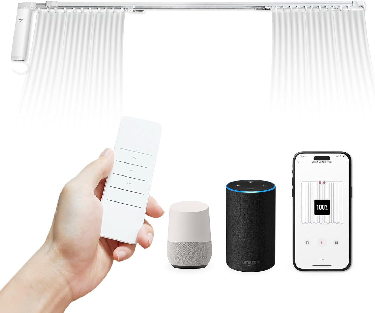 Osprey.Life Smart Motorized Curtain Track, 71-130in, No-Cut Adjustable Electric Rail, ~33dB Quiet Motor, Remote & App Control, Alexa, Google Assistant & Siri, Ceiling/Wall Mount (Center Opening)