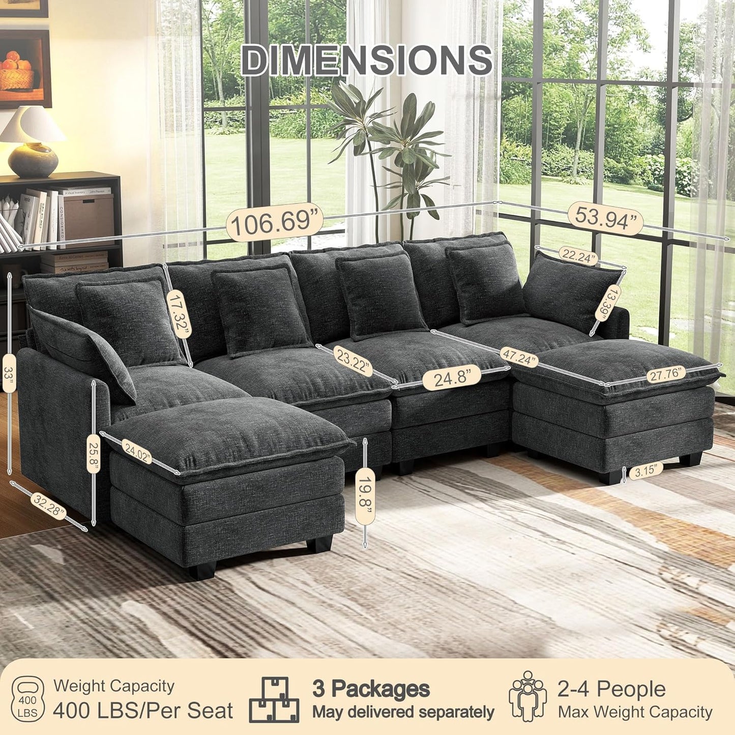 107" Cloud Couch Sectional, U Shaped Modular Sectional Sofa, 4-Seat Deep Seat Couch with 6 Removable Washable Pillows and 2 Ottoman for Living Room, Bedroom, Apartment, Black Grey