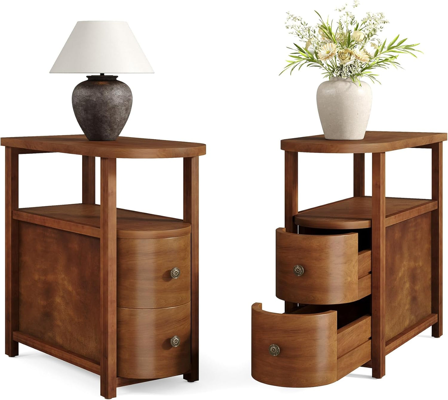 LITTLE TREE Solid Wood End Table Set 2 with 2 Drawers & Open Shelf, No Assembly Required Side Table for Living Room, Vintage Brown Couch Side Tables, Slim Bedside Table Nightstand for Bedroom