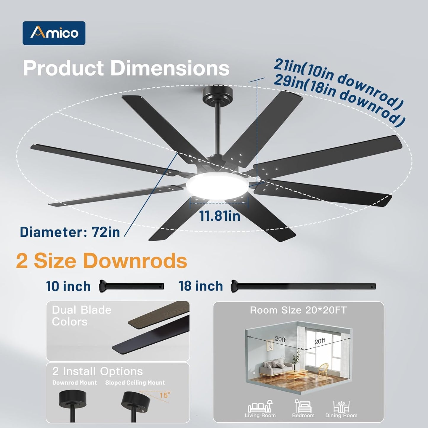 72 inch Ceiling Fans with Lights,Large Ceiling Fan with Light and Remote Control, Dimmable, 3CCT, Quiet, Black Modern Ceiling fan For Living Room, Bedroom, Kitchen, Patio, Farmhouse, Indoor/Outdoor