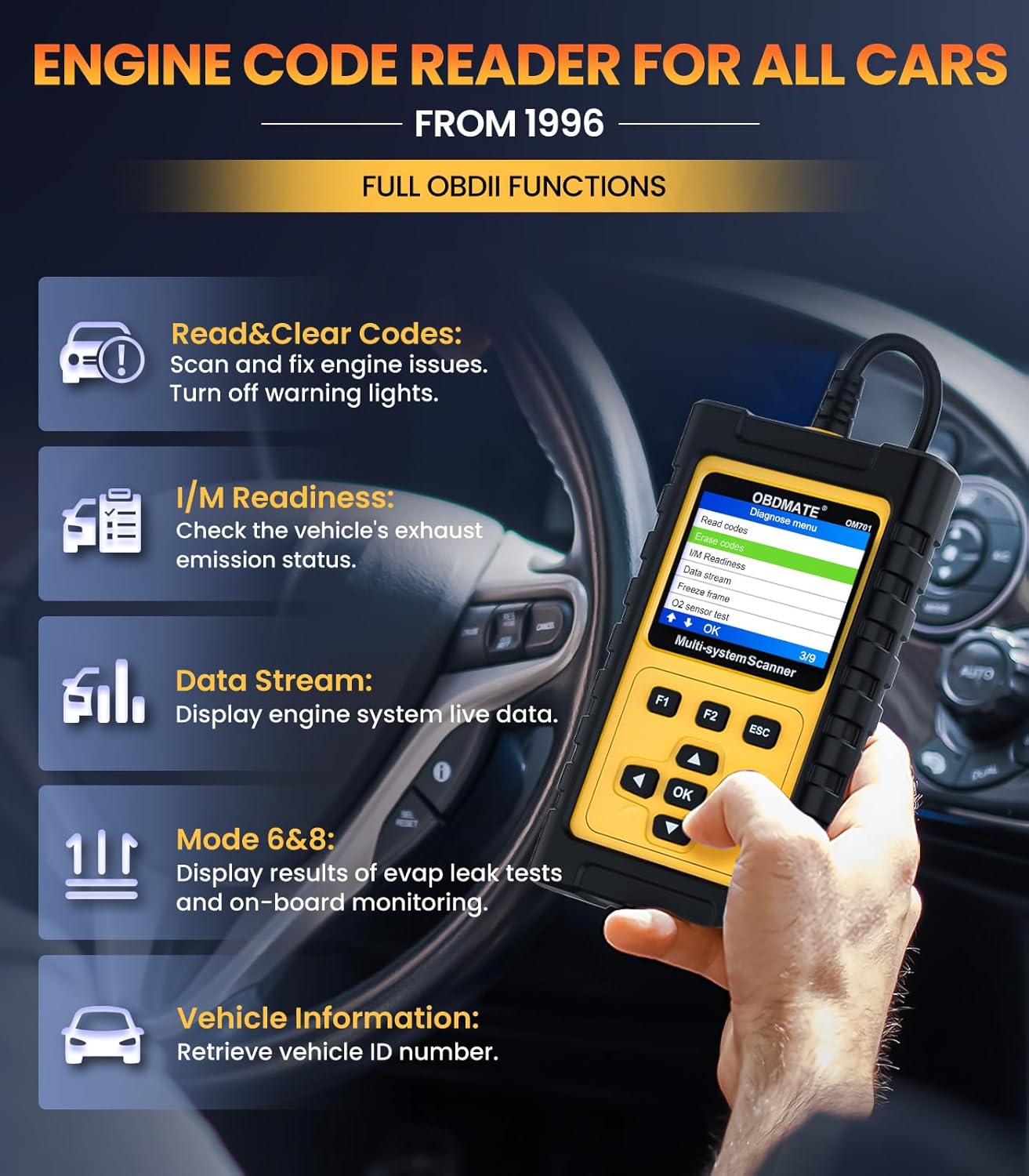 OBD2 Scanner for Toyota/Lexus/Scion, OM701 All Systems Diagnostic Tool with 15+ Resets (Oil/ETC/EPB/ABS/SAS/BAT Register...), Full OBDII Functions Read&Erase Fault Codes, Free Software Update