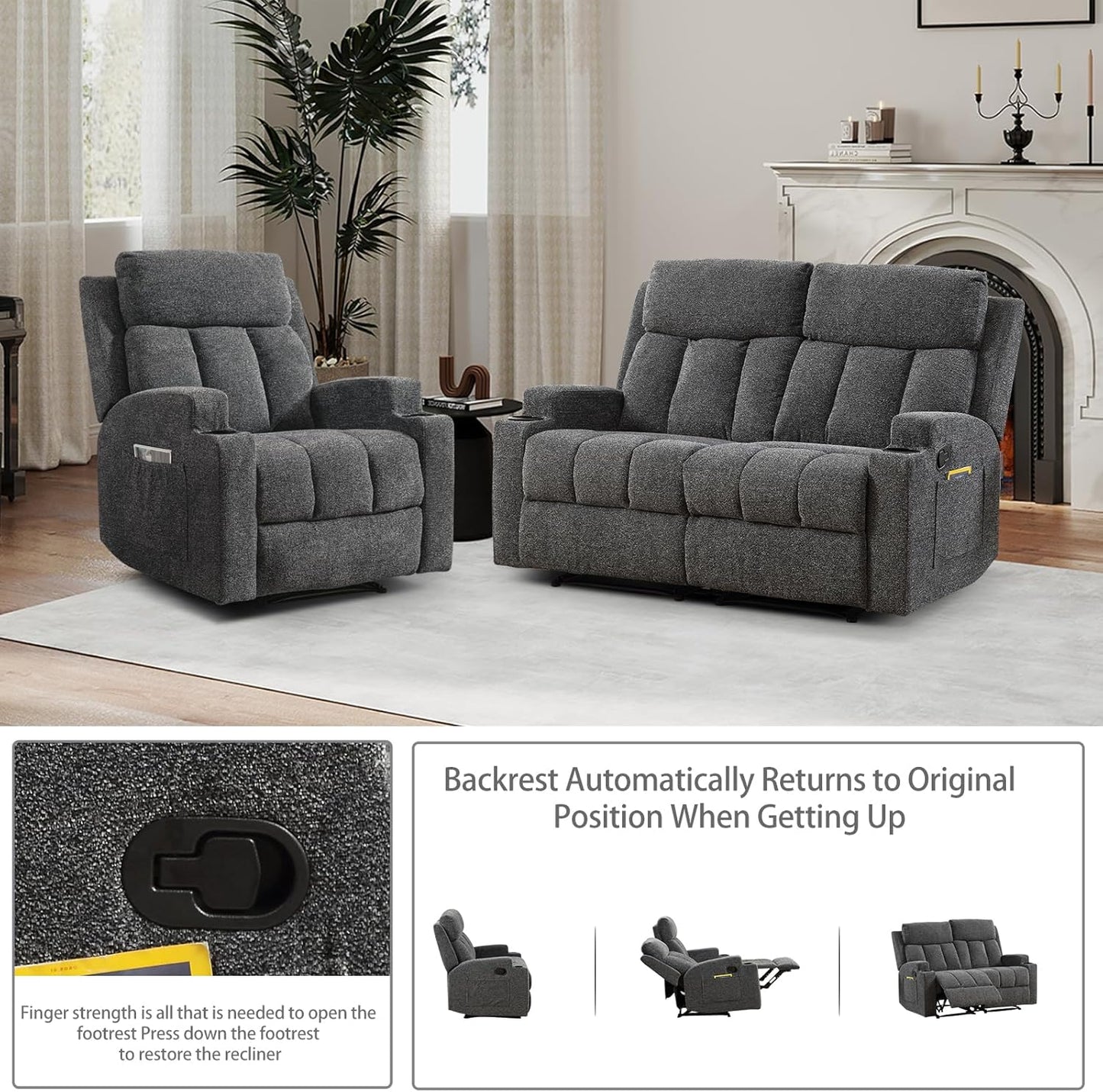 CANMOV Manual Recliner Sofa Set, Fabric Recliner Living Room Furniture Sets, 1 Seat Reclining Chair and a Loveseat Furniture Set with Side Pockets and Cup Holders, Dark Grey