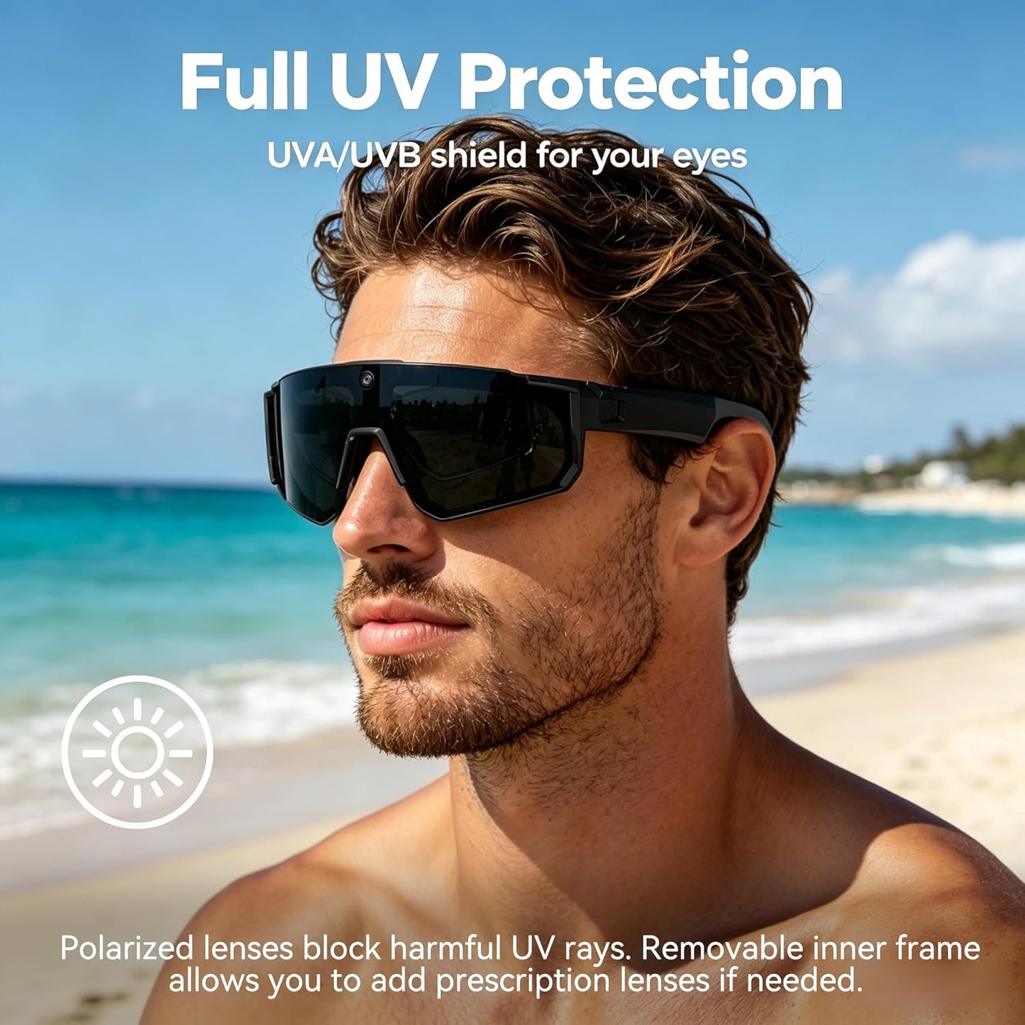 AI Smart Glasses with 32MP Camera, Video Recording Glasses with Voice Control, Built-in Microphone, AI Voice Assistant, UV Protection, for Cycling & Hiking