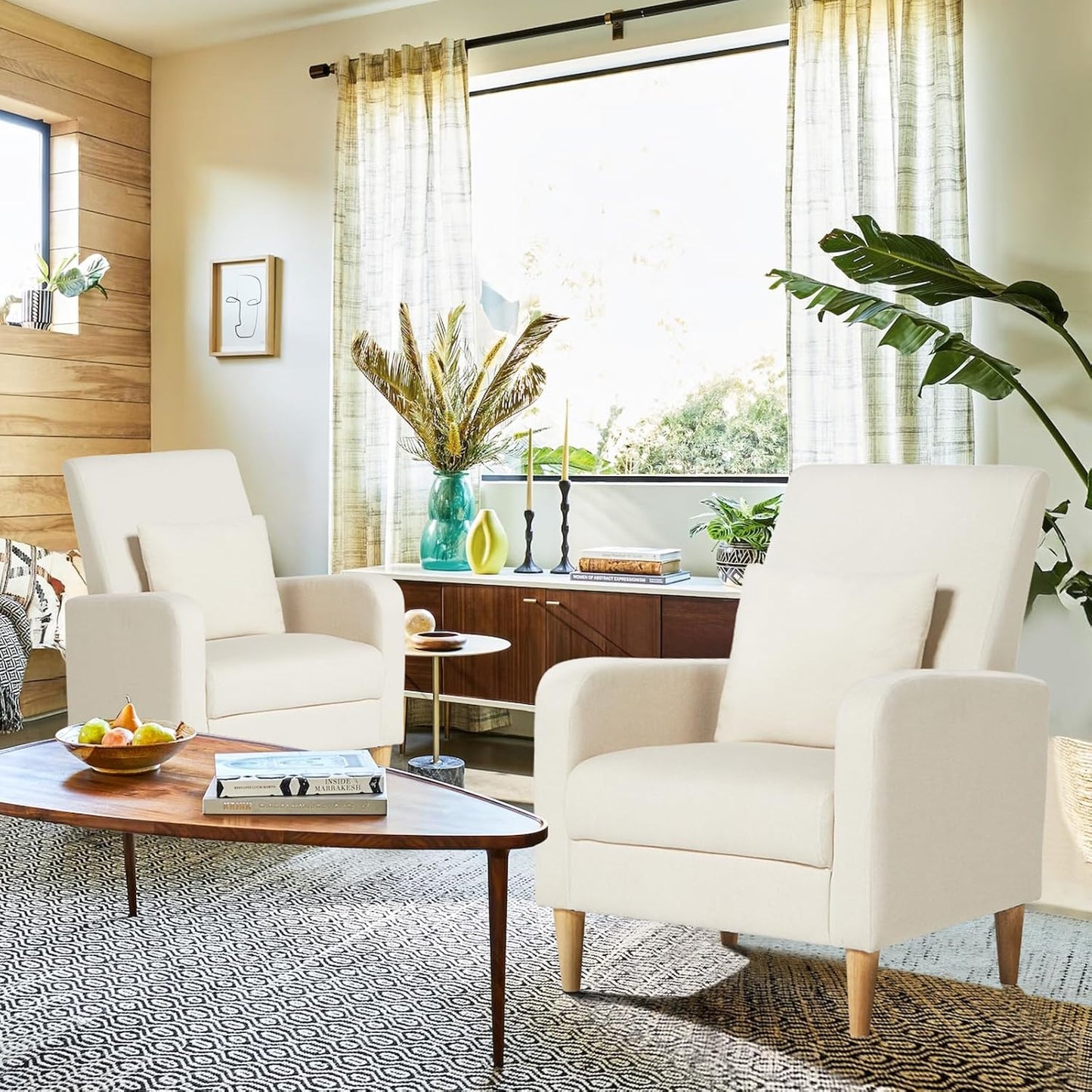 COLAMY Upholstered Sherpa Accent Living Room Chairs Set of 2, Fabric Arm Chair Reading Side Chair, Single Sofa with Back Pillow and Wood Legs,Cream