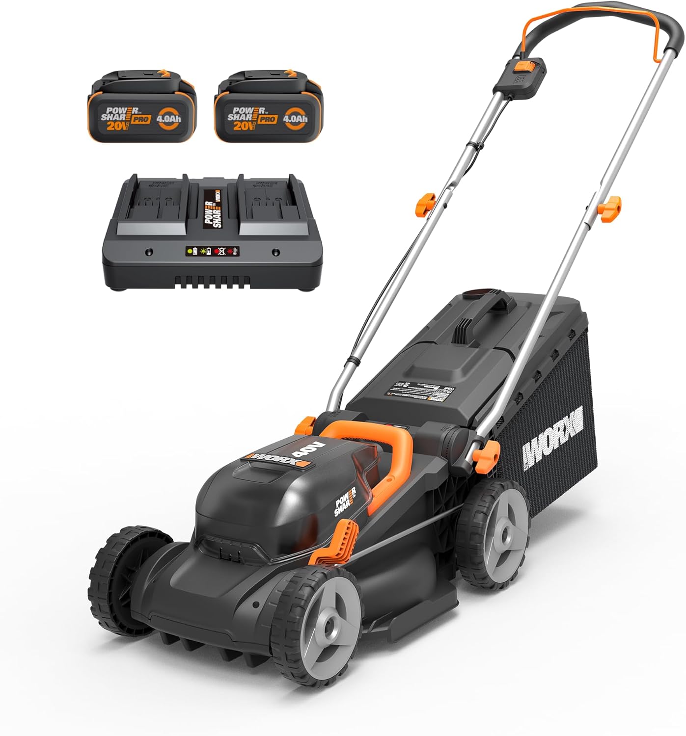 WORX Cordless Lawn Mower, 14" 40V Electric Mower with Brushless Motor, Lightweight 2 in 1 Push Lawn Mower with 6-Position Height Adjustment for Small Yards, 2 Batteries & Charger Included, WG735