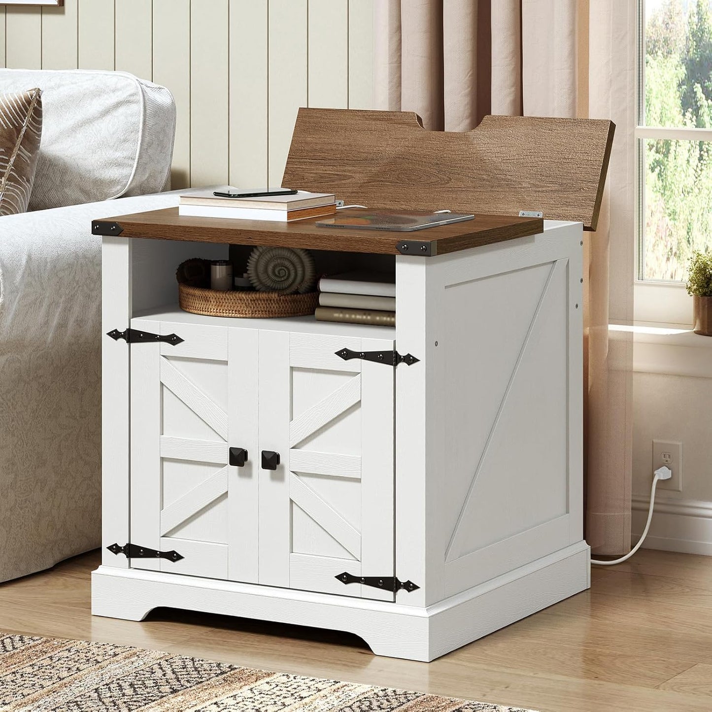 HOOBRO Farmhouse End Tables Set of 2 with Charging Station, 23.6" Large End Table for Living Room, Sofa Side Table with Barn Door, Wooden Square Nightstand Bedside Table, White and Walnut WH601UBZP201