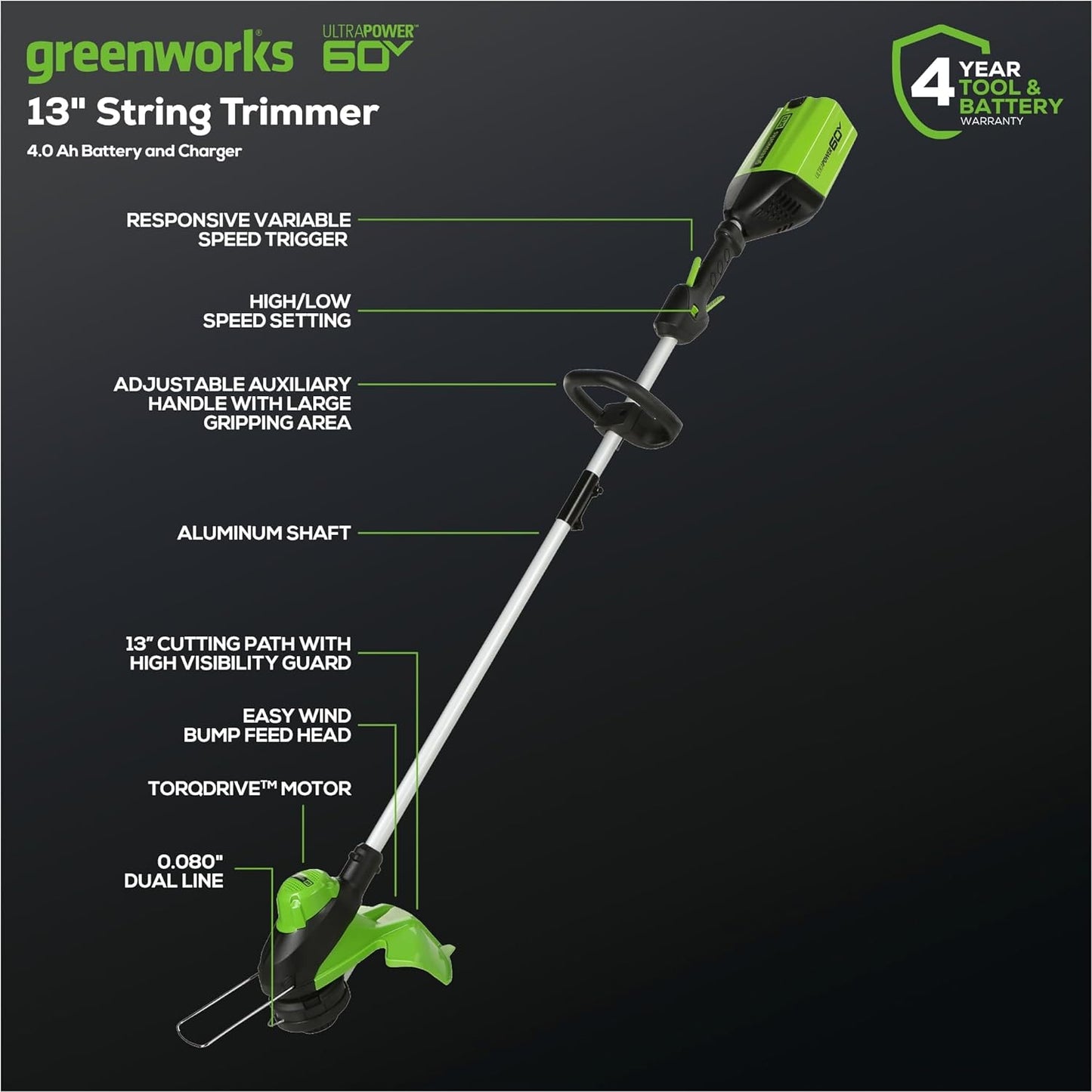 Greenworks 60V Cordless Yard Tool Combo Kit with 4.0Ah Battery & Charger – 13" Dual-Line String Trimmer and 540 CFM Leaf Blower
