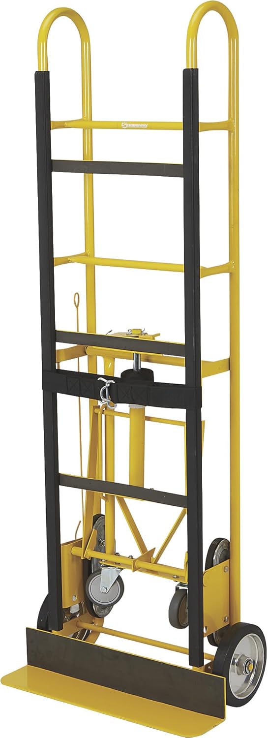 Strongway Industrial Hand Truck – 1200 lb Capacity Heavy-Duty Appliance Dolly, Convertible 2/4-Wheel Design, 8" Rubberized Wheels, Auto-Rewind Ratchet Belt & Stair-Climbing Capability