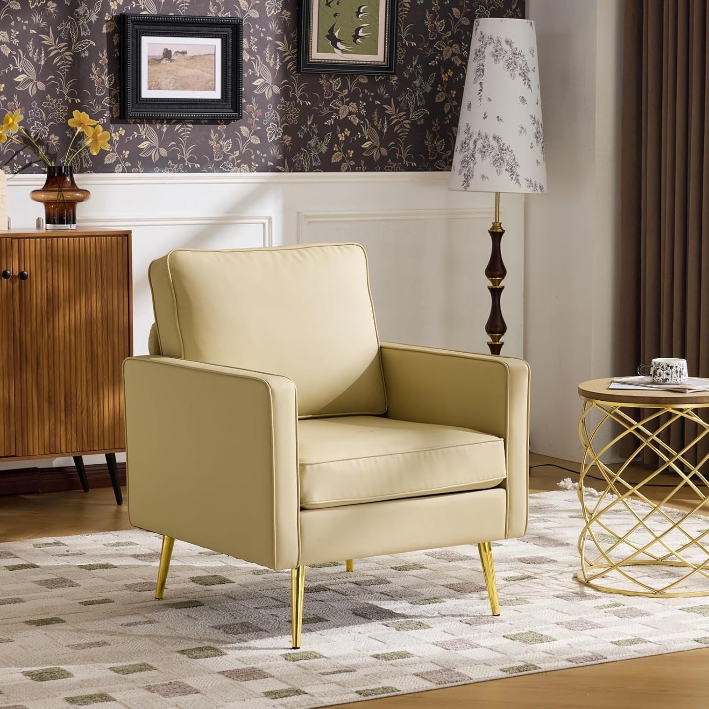 VINGLI Modern PU Leather Accent Chairs Set of 2, Single Sofa Chair with Pocket Coil Seat, Metal Backrest & Solid Wood Frame, Upholstered Armchair for Living Room, Bedroom or Office