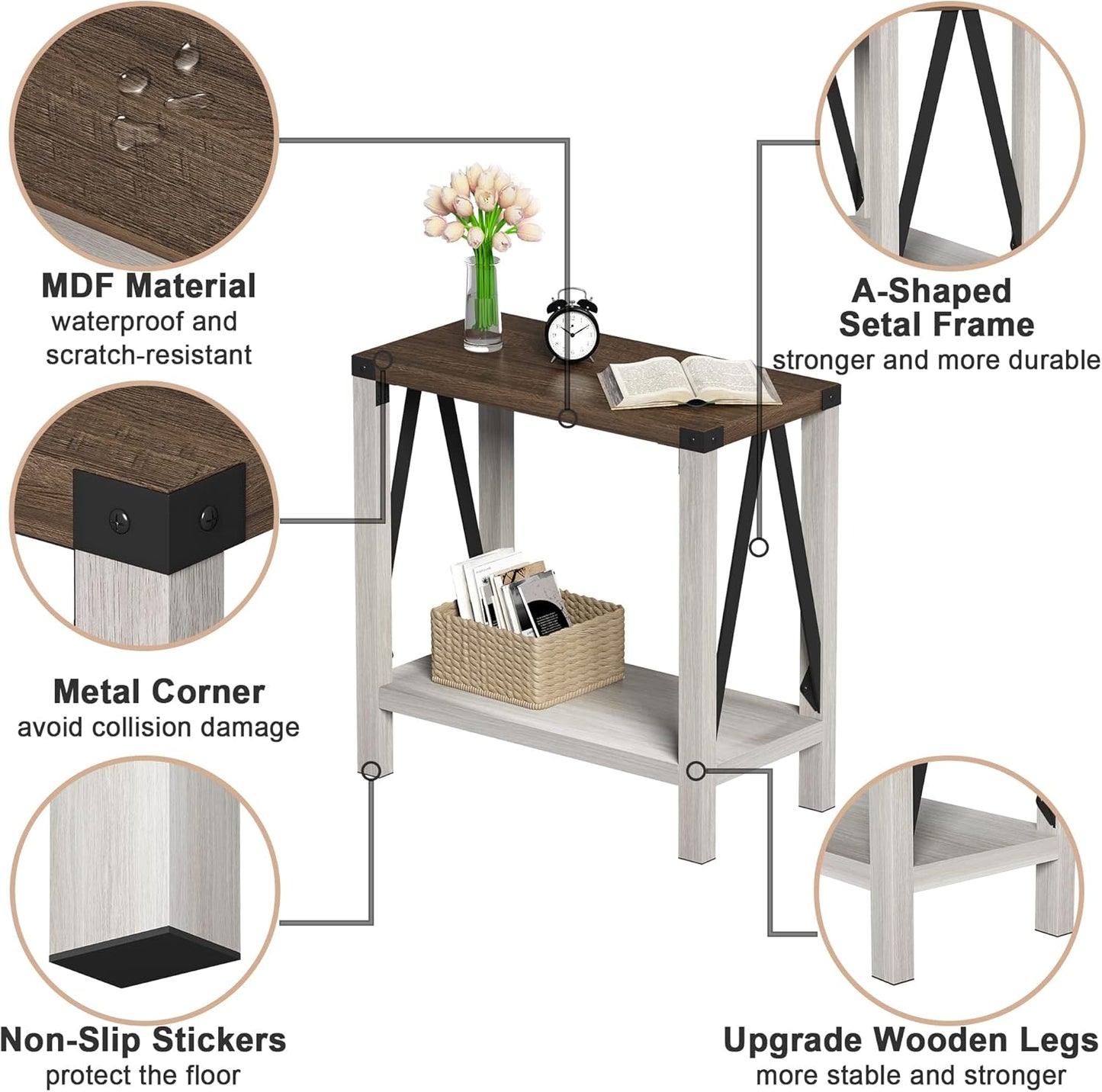 ChooChoo Farmhouse End Table Set of 2, Narrow Side End Table with Storage Shelf, Rustic A-Design Nightstand Sofa Table for Living Room, Bedroom(White&Brown)