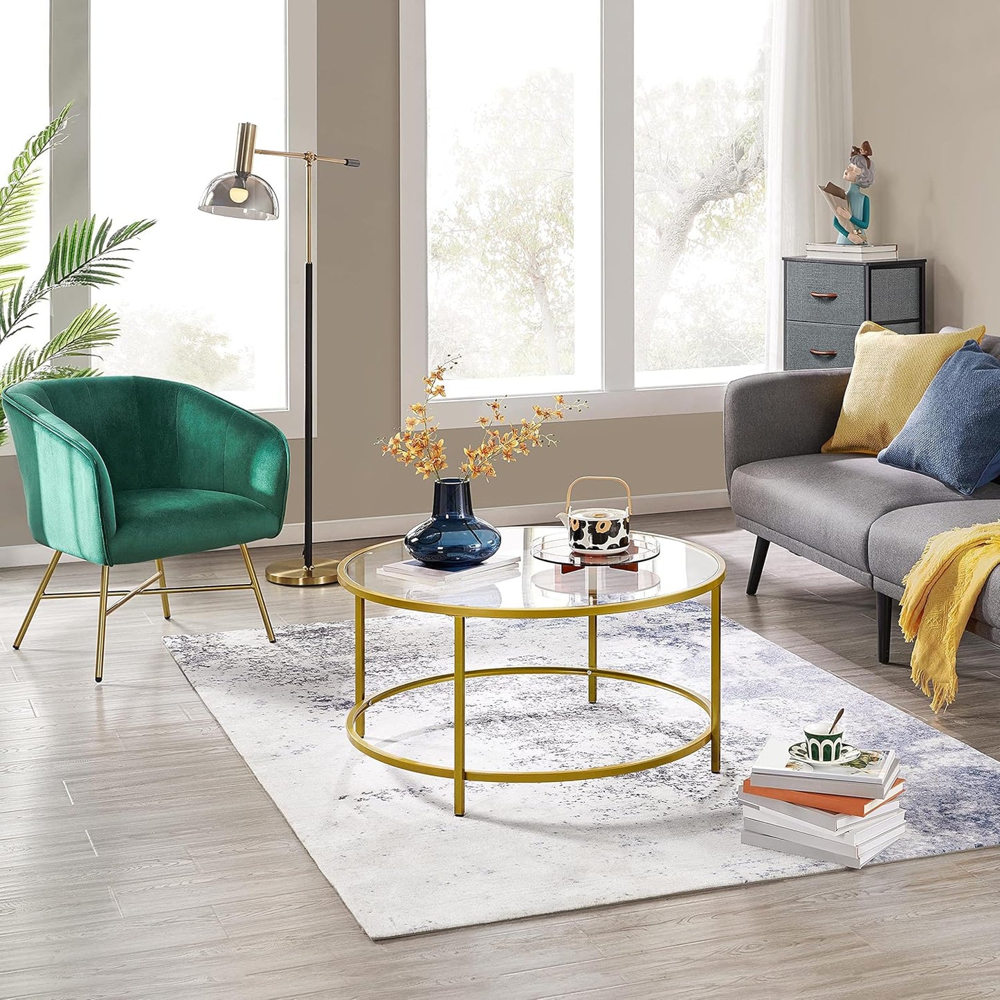 Yaheetech Coffee Table Set of 3, Round Coffee Table & 2pcs Accent End Table Easy Assembly w/Glass-Top Surface & Reinforced Frame for Living Room,Apartment,Small Space,Mustard Gold
