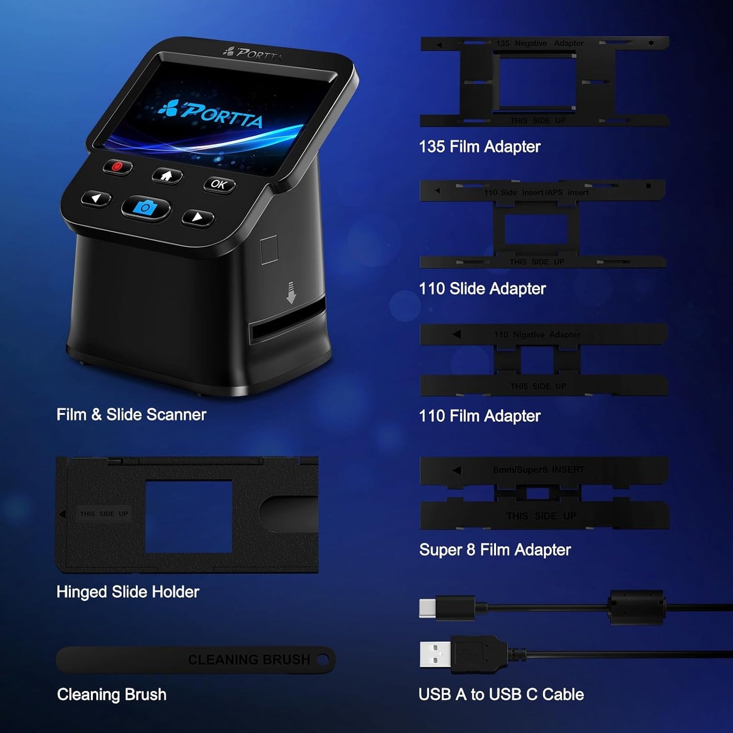 PORTTA Film Scanner with 5" LCD Screen, 22MP Slide & Negative Scanner, Converts 135, 126, 110 Film & Slides to Digital Photos, HDMI Output, SD Card Storage, No Computer Required