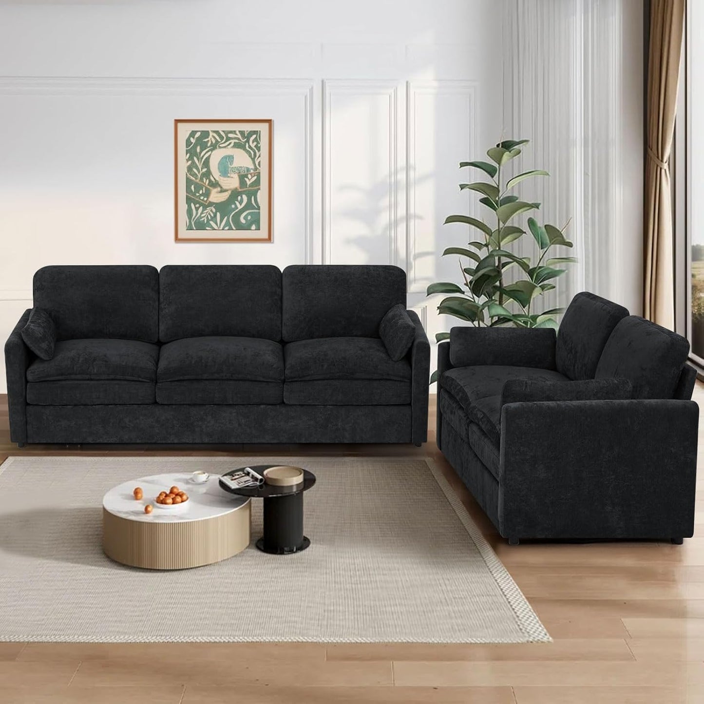 2 Pieces Chenille Sofa Set w/Two Throw Pillows, Upholstered Loveseat & 3 Seater Sofa w/Comfortable Back Cushions, Modern 2-Seat & 3-Seat w/High-Density Foam for Living Room, Apartment, Black