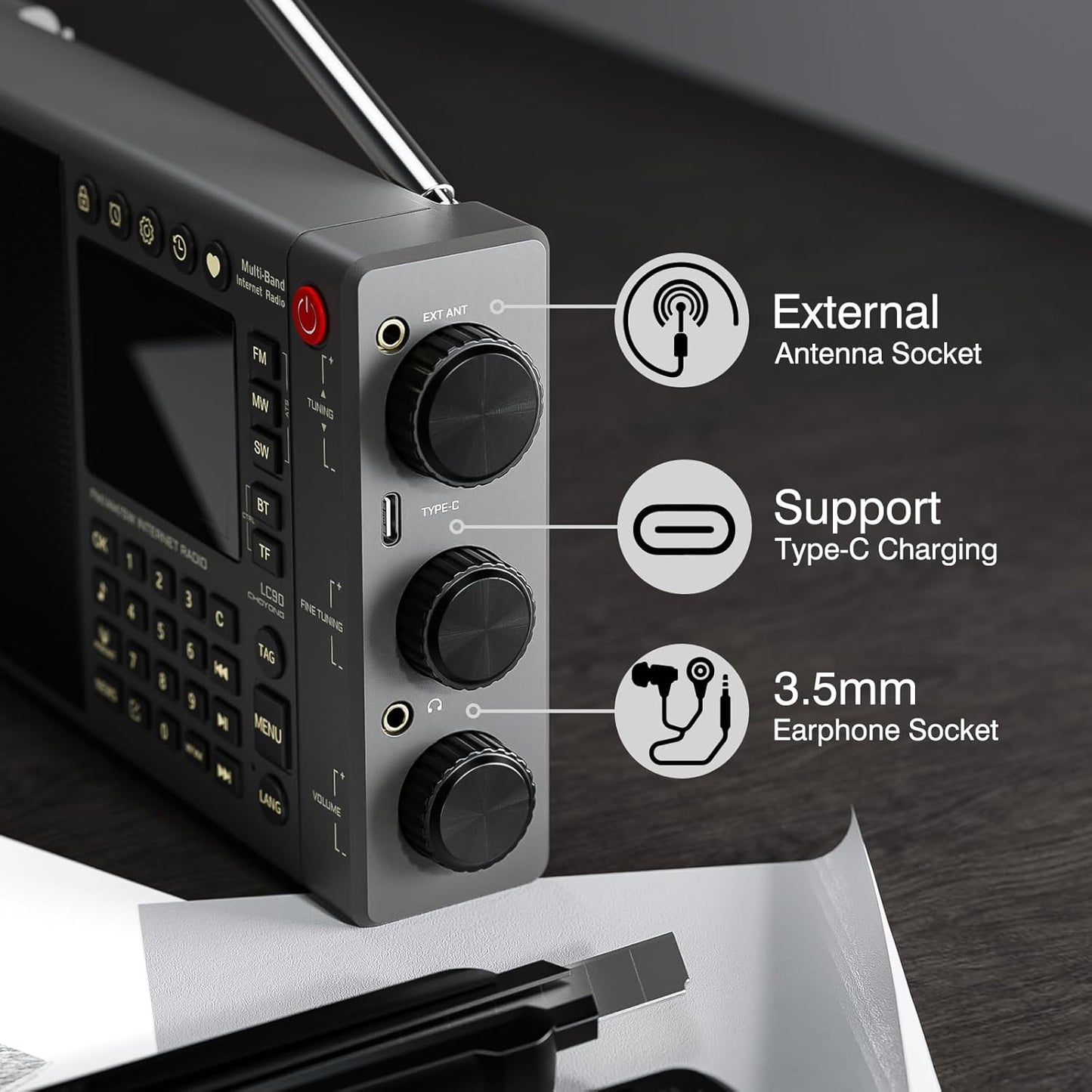 CHOYONG LC90 Wi-Fi/4G Internet Radio, Portable FM/LW/MW/SW Radio with Rechargeable 5000mAh Battery, 40K Radio Stations, BT Speaker, Alarm Clock, 15W Stereo Speakers, Support TF Card