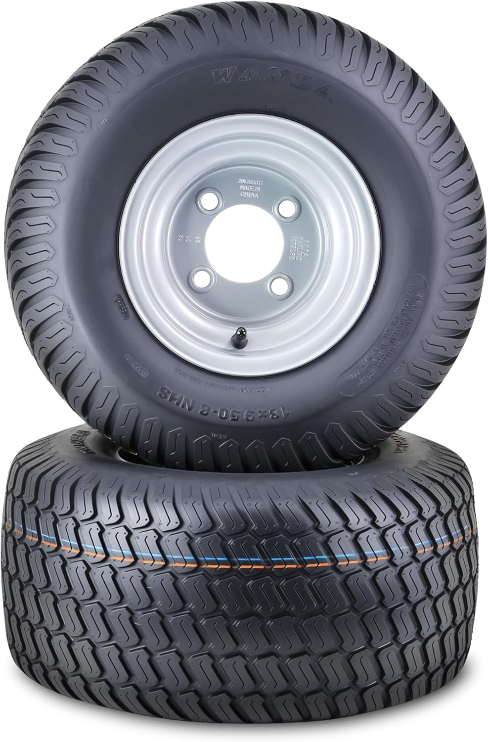 WANDA Lawn Mower Tractor Tire Wheel Assembly 18X9.5-8 4-Ply with 4 Lugs on 4" PCD Silver Wheel-13032,SET 2