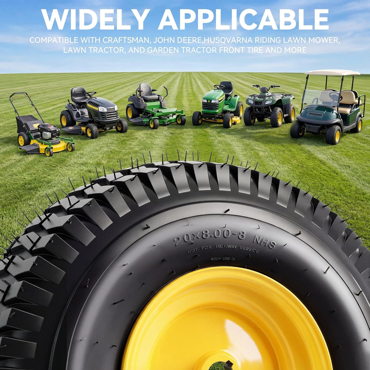 YITAMOTOR 20x8.00-8 Lawn Mower Tires & Wheel Assemblies, 4 Ply Tubeless Front Tires Replacement Fits Lawn Tractors, More Riding Mowers & Garden Vehicle | 3/4" Bore Hole, 3/16" Keyway, 960LBS (2 Pack)