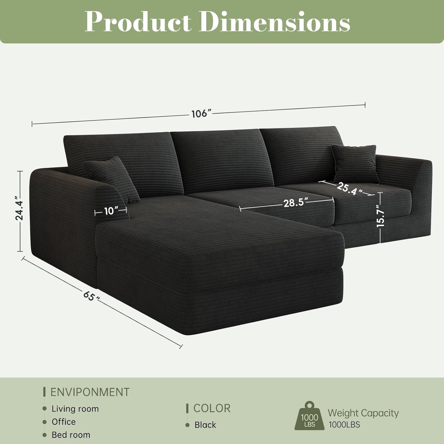 106" Modular Sectional Sofa with Reversible Chaise, Black Corduroy L-Shaped Cloud Couch for Living Room Apartment, 3-Piece Set, No Assembly Required, High-Density Supportive Foam