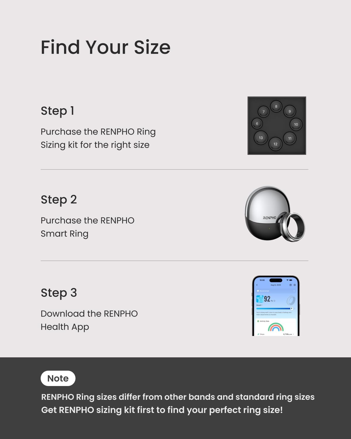 RENPHO Lynx Smart Ring-All Day Sleep & Activity Tracking, Includes Charging Case, Gifts for Men, 7-Day Battery Life, Subscription-Free App for iOS & Android, Size Before You Buy (Silver, Size 9)