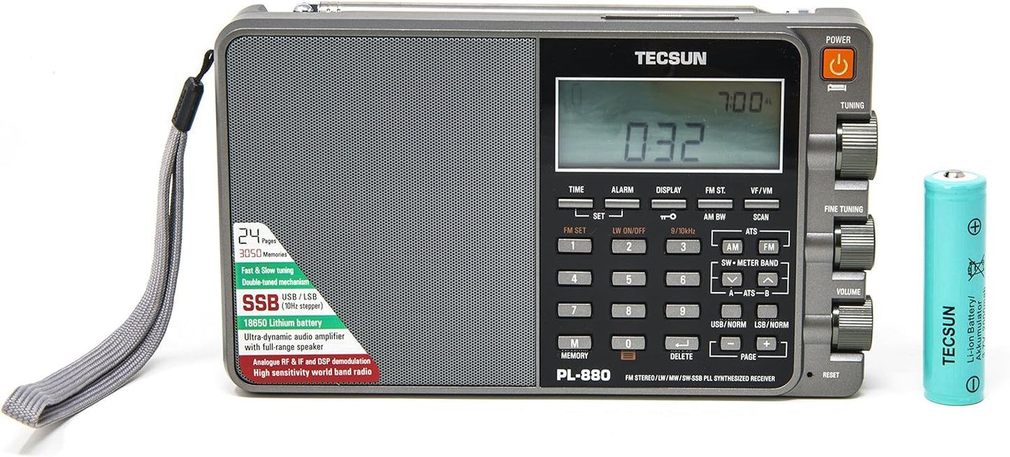 Tecsun PL880 Portable Digital PLL Dual Conversion AM/FM, Longwave & Shortwave Radio with SSB (Single Side Band) Reception, Color Silver