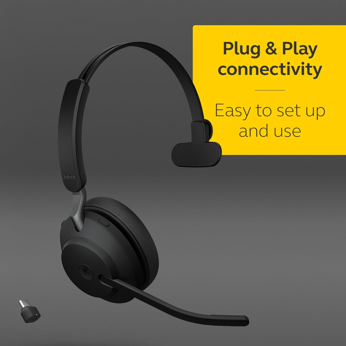 Jabra Evolve2 65 Bluetooth Wireless Headset with Mic for Calls and Music, Single-Ear Headphones with USB-C Adapter, Up to 37 Hours Battery, Works with Microsoft Teams, Black