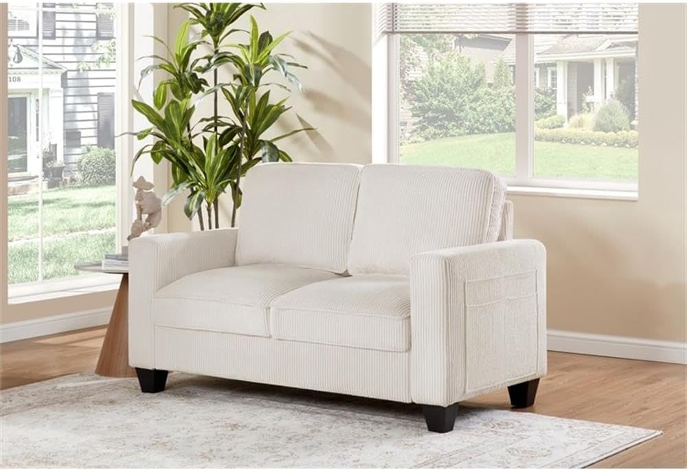BOWERY HILL Transitional Set of 2 Corduroy Fabric Beige Sofa and Loveseat with Built-in USB Charging Port and Functional Side Pockets