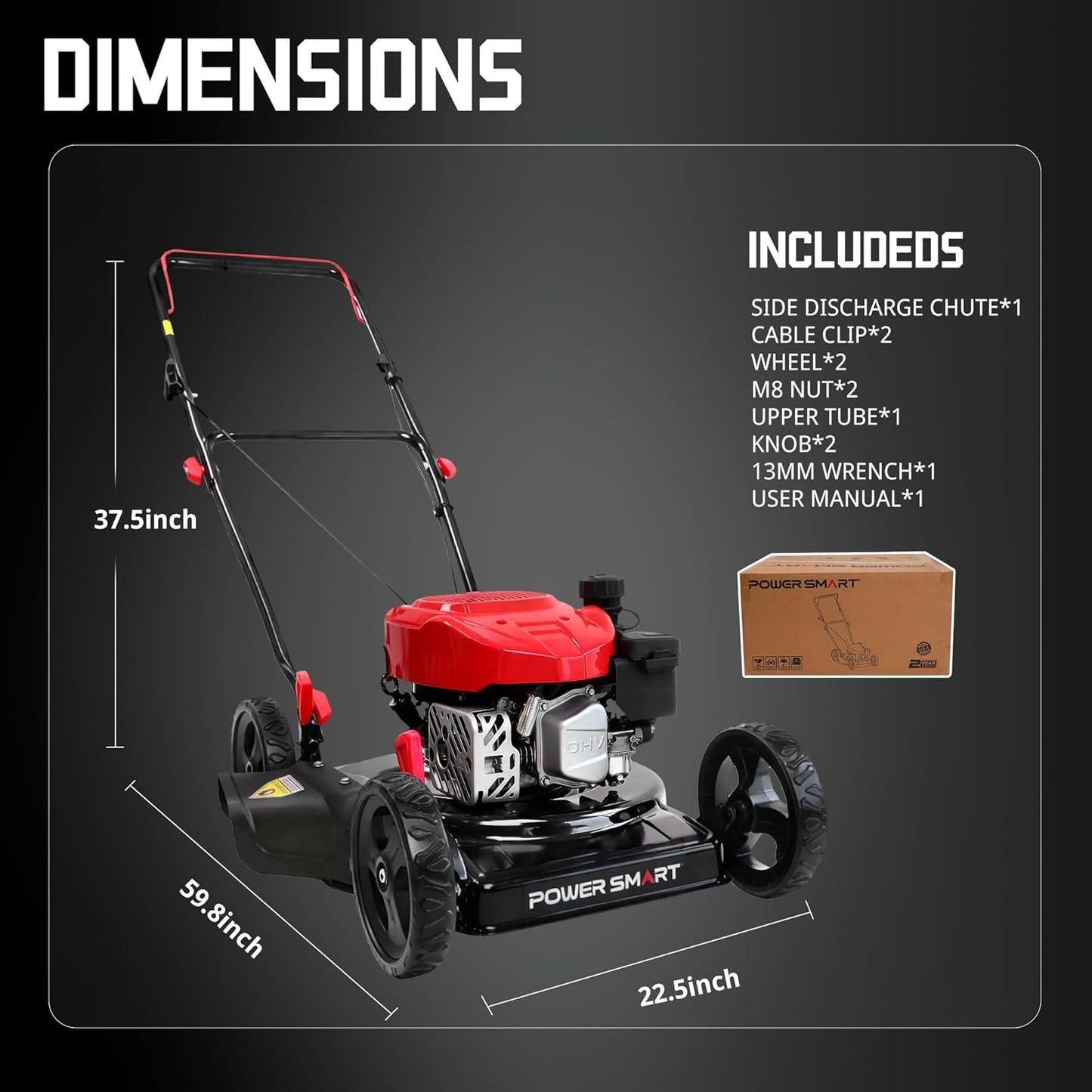 PowerSmart 18-Inch Gas Push Lawn Mower with 144cc 4-Cycle OHV Engine, Side-Discharge, 5-Position Adjustable Cutting Height (DB8618C)