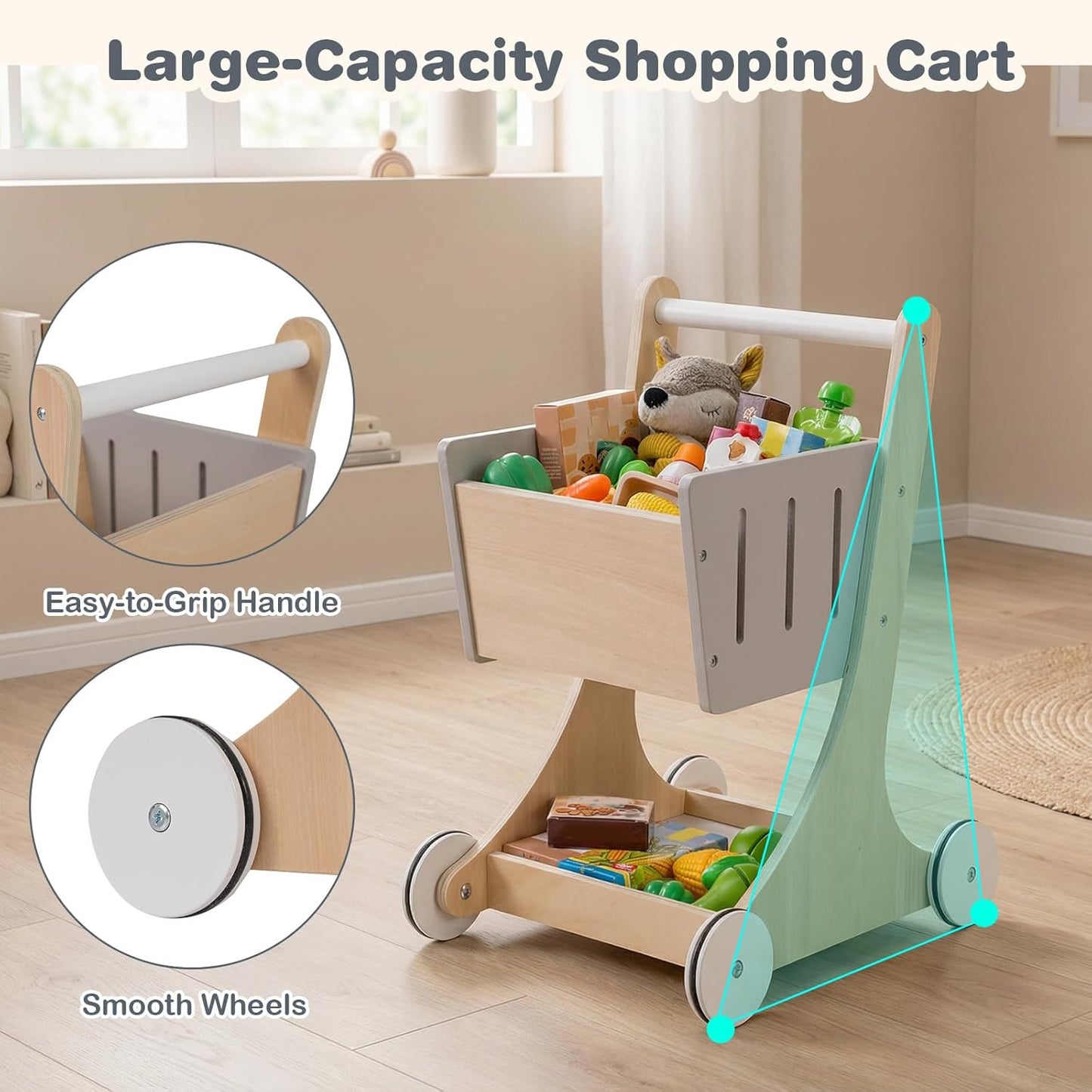 Costzon Kids Grocery Store Playset, Wooden Play Store w/Lights & Sound, Shopping Cart, Blackboards & Cash Register, Toddler Toy Grocery for Boys and Girls Ages 3+ (Natural, 35.5" x 31" x 41")