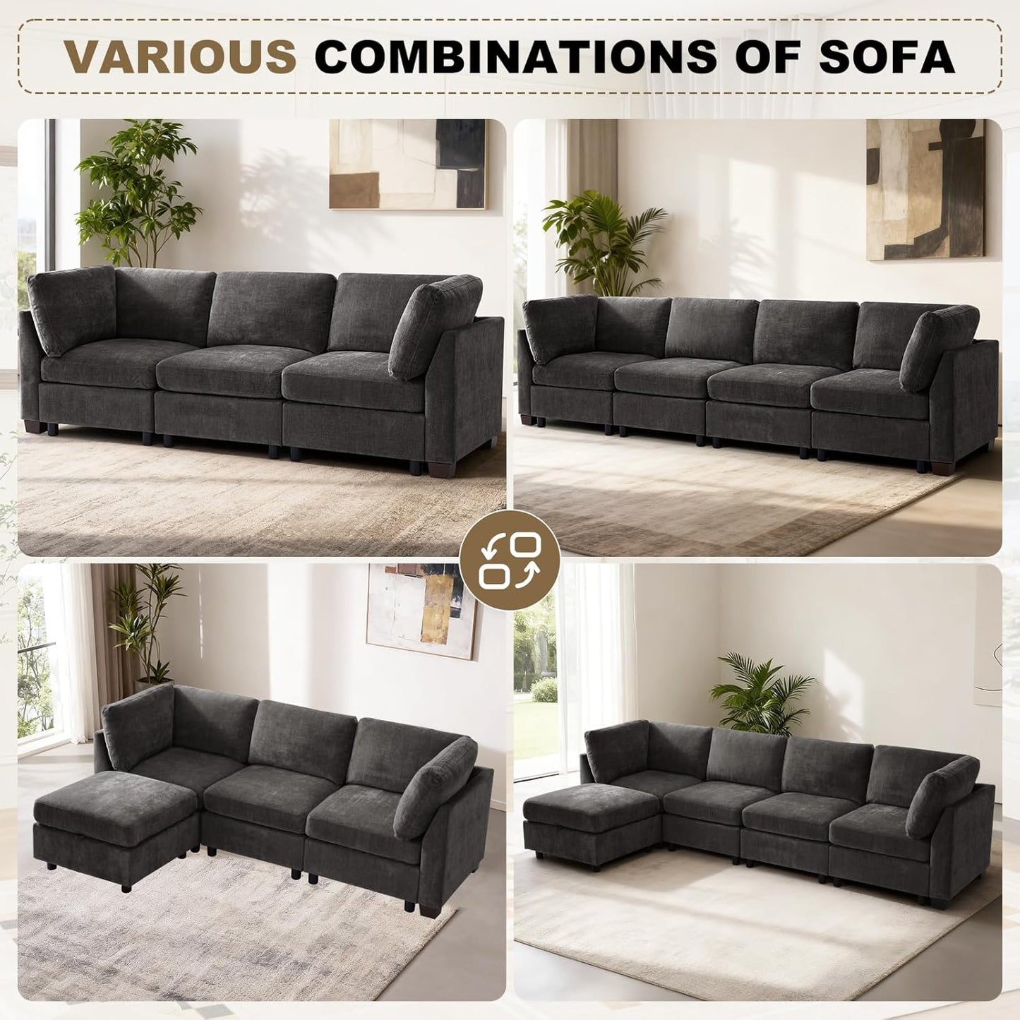 EDILLY 94 inches Oversized Modular Sectional Fabric Cloud Sofa Set, Extra Large L Shaped Couch Reversible Chaise Couch,3 Seat Modular Sofa,Grey