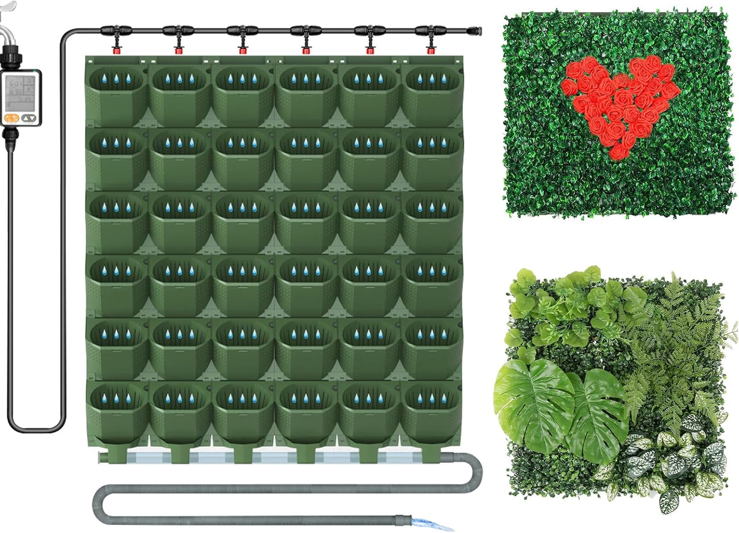 36 Pockets Self Watering Wall Mounted Vertical Planter, Wall Planter Indoor Vertical Living Green Plant Wall Easy Installation (Green with Timing System)