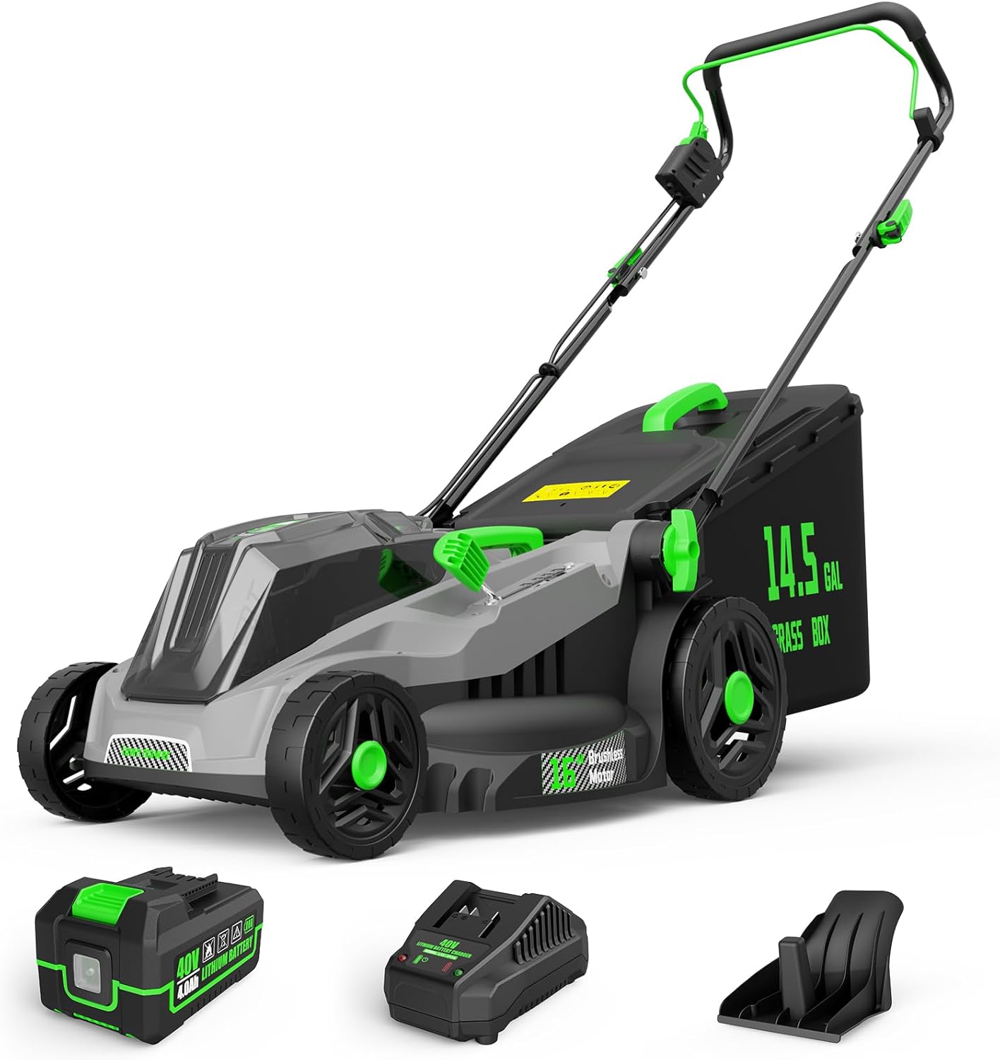 40V Cordless Lawn Mower, 16-Inch Brushless Electric Push Mower with 4.0Ah Battery & Charger, 2-in-1 Mulching and Bagging, 5-Position Height Adjustment, Lightweight Foldable Design, Green