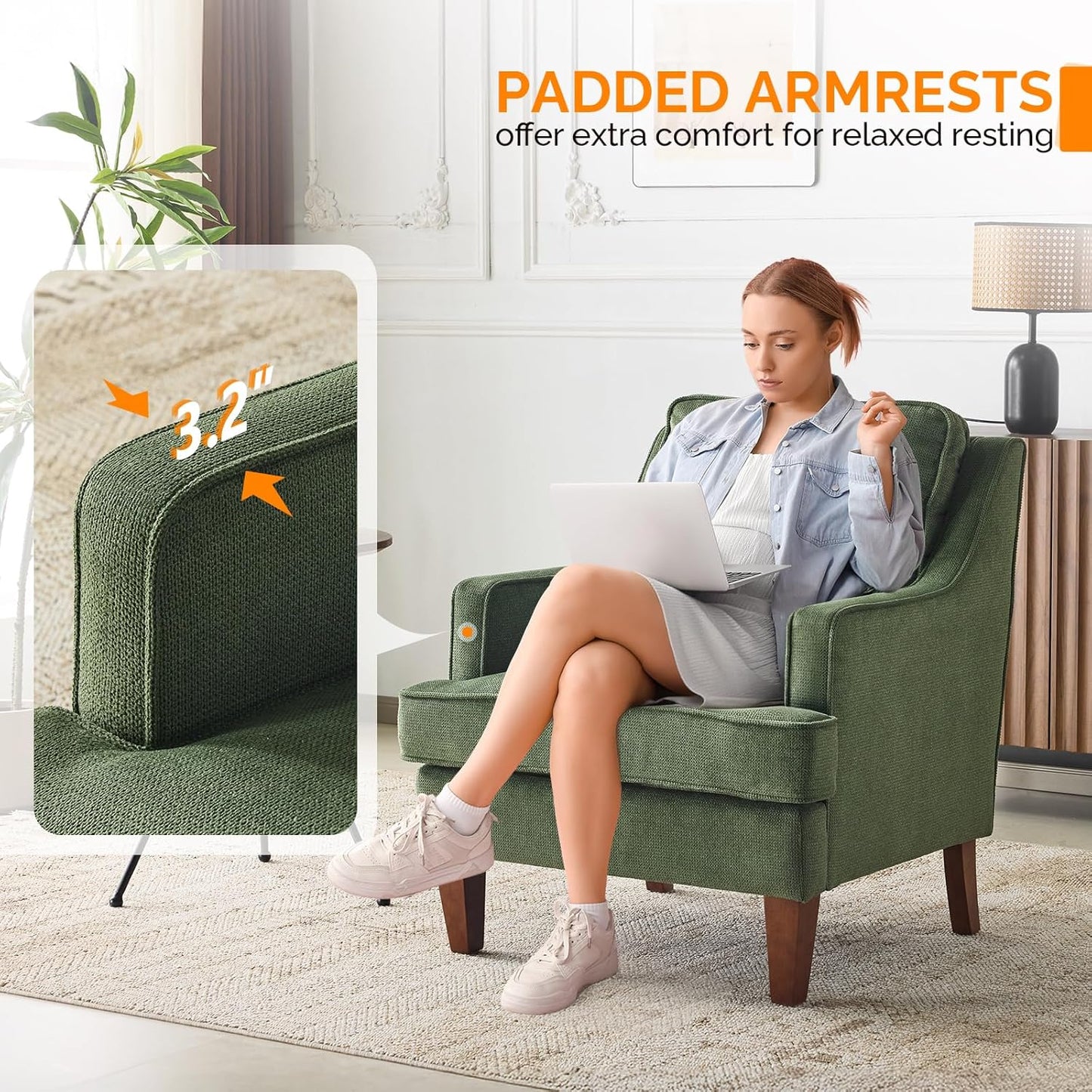 VINGLI Mid-Century Modern Accent Chairs Set of 2, Green Upholstered Armchair Comfy Sofa Chairs Reading Chair High Back for Living Room Bedroom Furniture Apartment