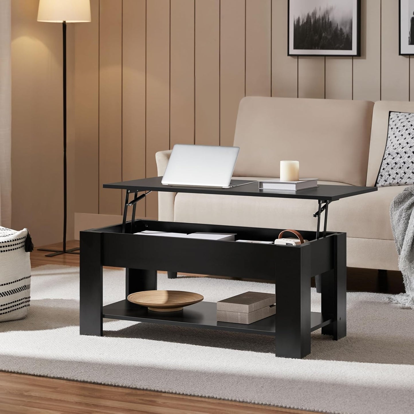 Yaheetech Modern Living Room 3 Pieces Table Sets, Lift Top Coffee Table and End Table Sets for Home and Office, Easy Assembly Accent Furniture with Hidden Compartment and Open Storage Shelf, Black