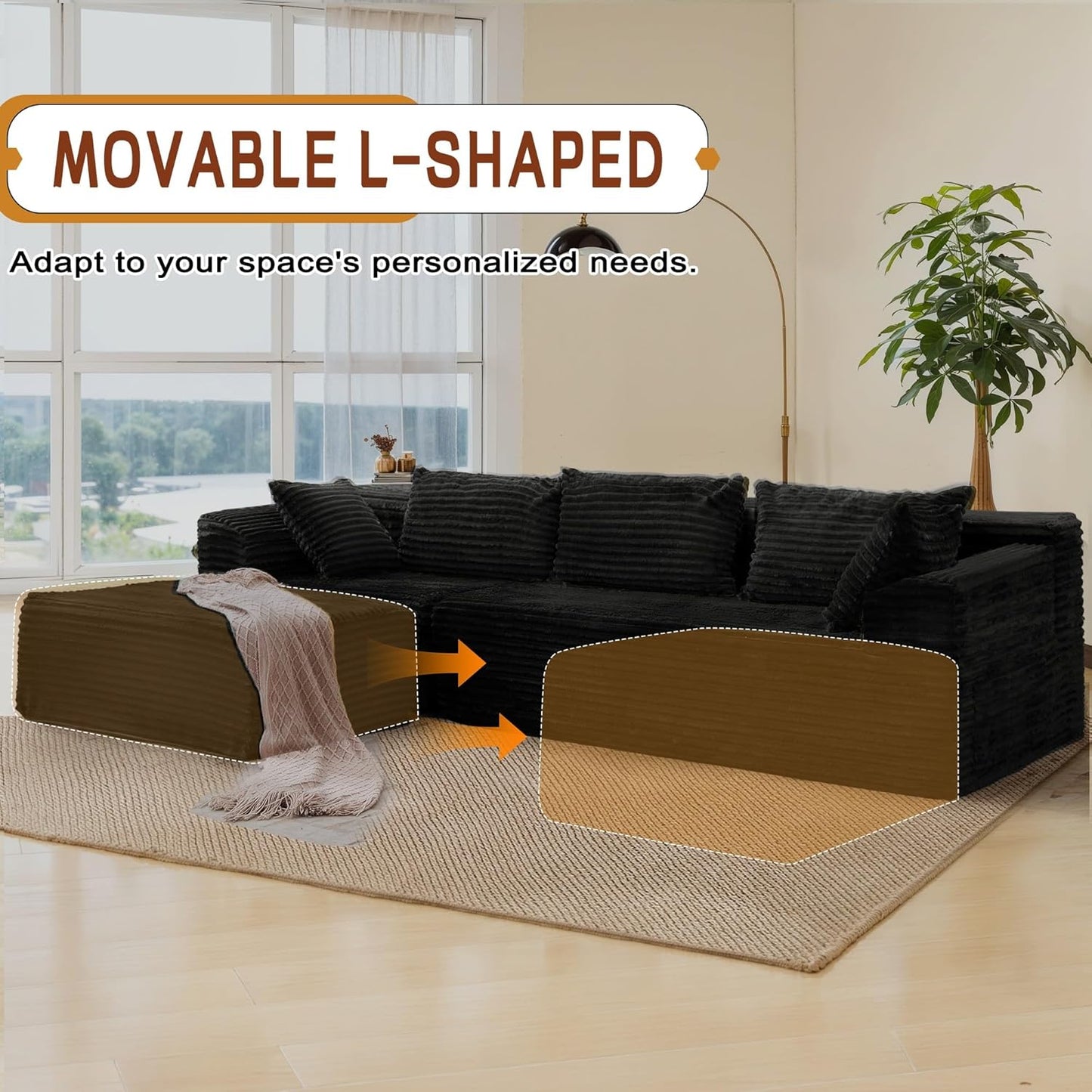 Korser 110" L-Shaped Modular Sectional Sofa with Chaise, Boneless Comfy Corduroy Fluffy Couch with Deep Seat and Side Pockets, Flexible Module Combination for Living Room, No Assembly, Side Pockets