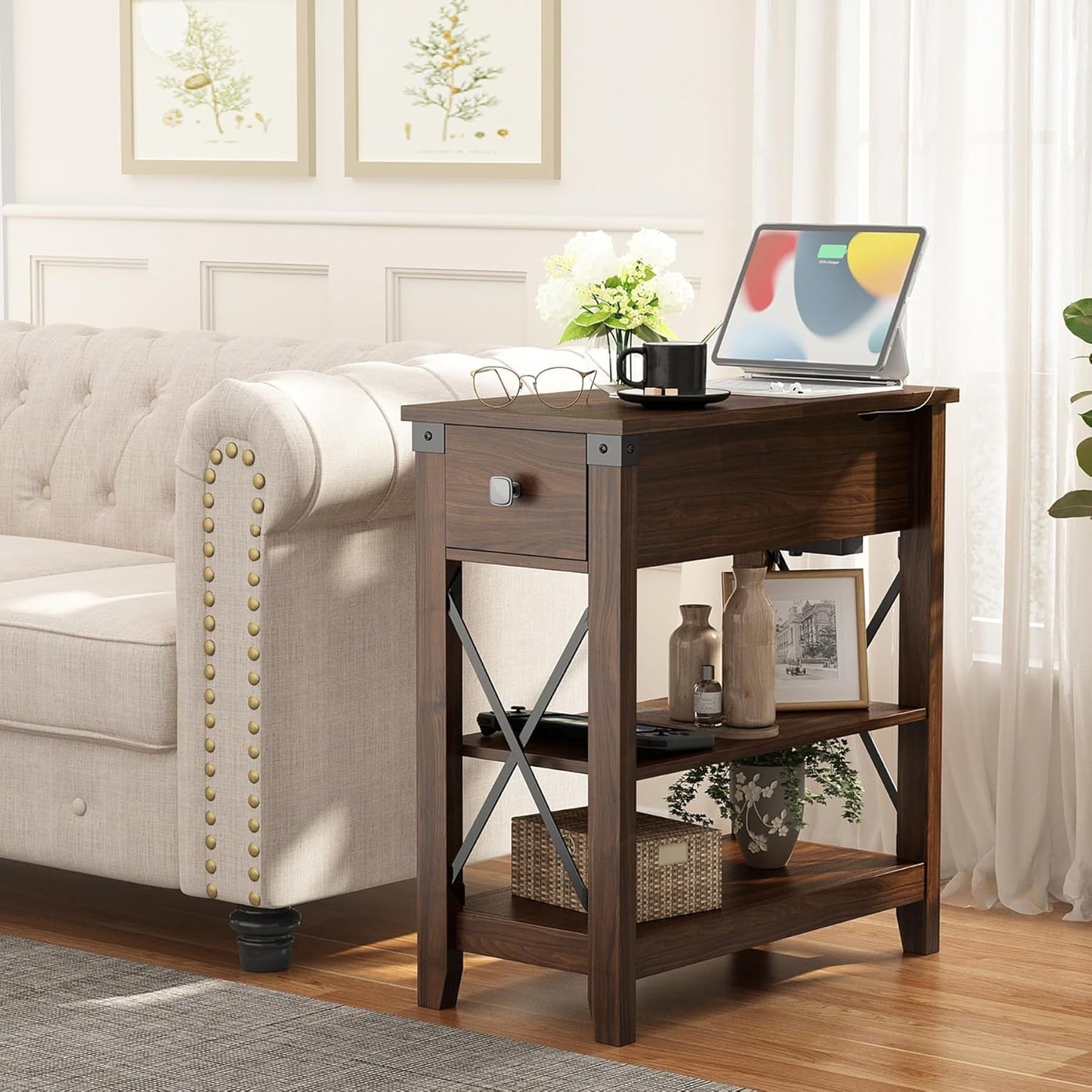 Awescuti Narrow End Table with Charging Station - Farmhouse Slim Side Table Set of 2, w/USB Ports Power Outlets, Nightstand w/Flip Top Storage Drawer, for Small Spaces Living Room Bedroom, Walnut