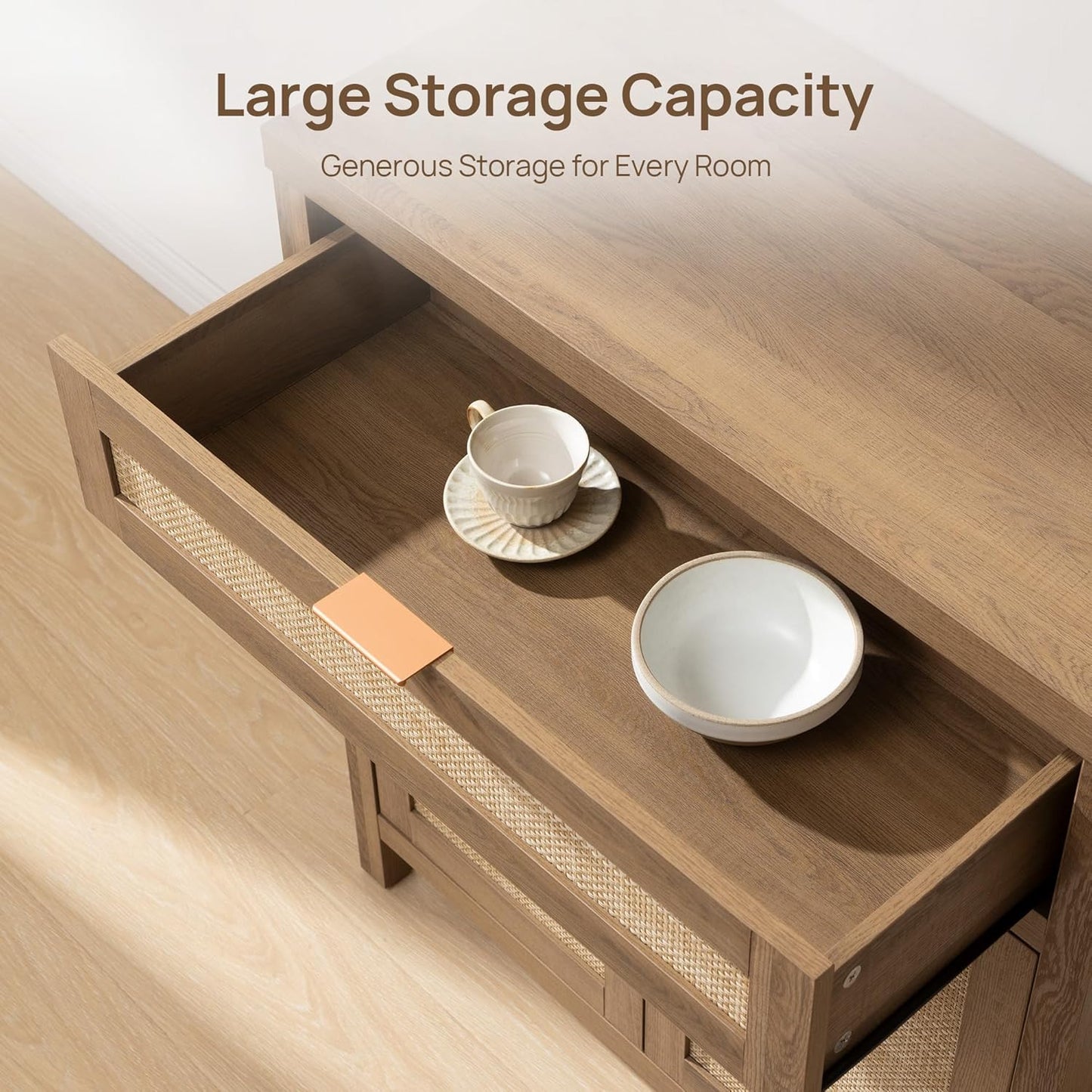 SICOTAS Sideboard Buffet Cabinet Set of 3, Rattan Credenza Storage Cabinet, Boho Buffet Table Console Cabinets with Drawer, Farmhouse Coffee Bar for Living Room, Natural Oak
