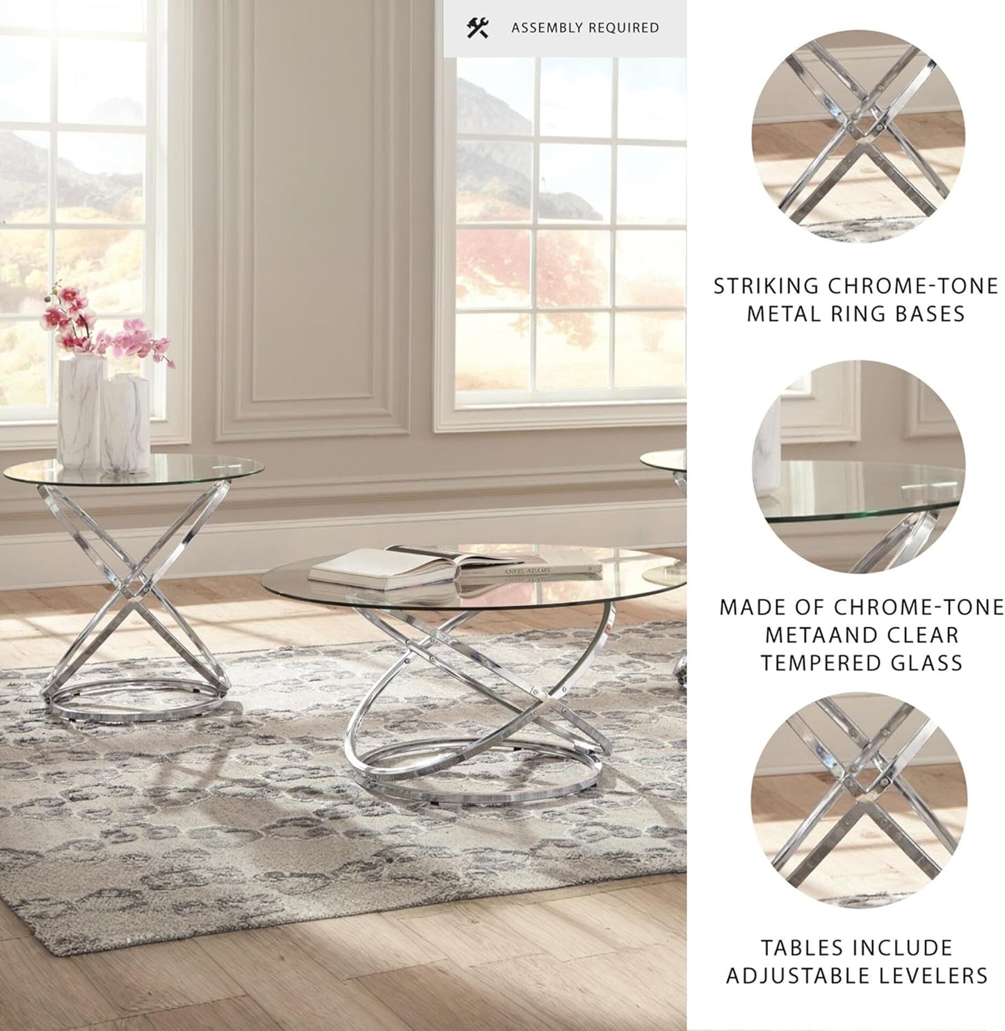 Signature Design by Ashley Hollynyx Contemporary Round 3-Piece Occasional Table Set, Includes Coffee Table and 2 End Tables, Chrome