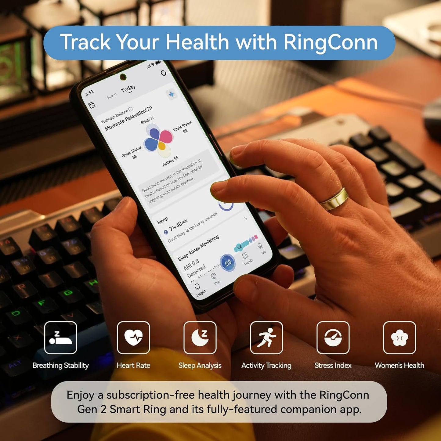 RingConn Gen 2, World's First Smart Ring with Sleep Apnea Monitoring, No APP Subscription, 12-Day Battery Life, Stress/Heart Rate/Women's Health Tracker, Android & iOS Compatible (Gold, Size 8)