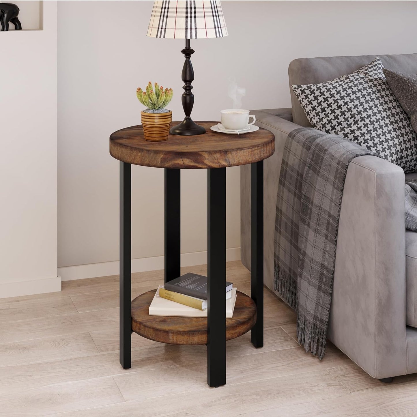 Alaterre Furniture Pomona Living Room Set of 2 Solid Wood Small Round End Tables with Shelf and Metal Legs – 2-Tier Modern Rustic Side Table or Nightstand (Rustic Brown)