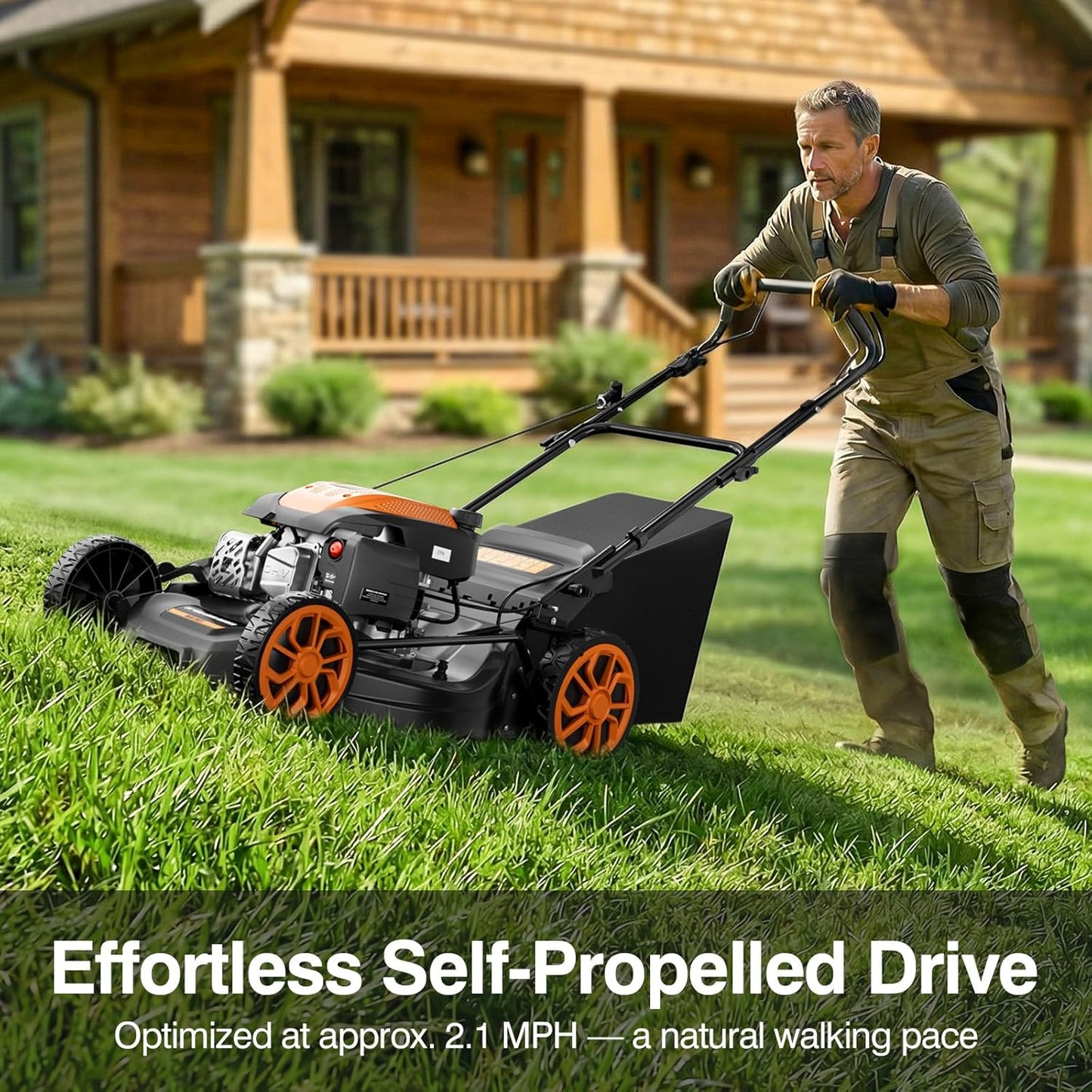 21” Self-Propelled Lawn Mower Gas, 170CC 4-in-1 Mulch/Rear Bag/Side Discharge/Rear Discharge, Walk-Behind Gas Lawnmower with 7-Position Cutting Height, Foldable Gas Powered Lawn Mowers for Yard Garden