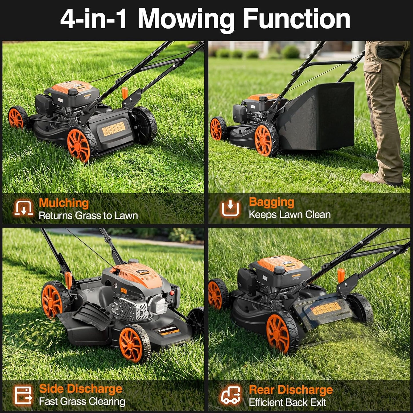 21” Self-Propelled Lawn Mower Gas, 170CC 4-in-1 Mulch/Rear Bag/Side Discharge/Rear Discharge, Walk-Behind Gas Lawnmower with 7-Position Cutting Height, Foldable Gas Powered Lawn Mowers for Yard Garden